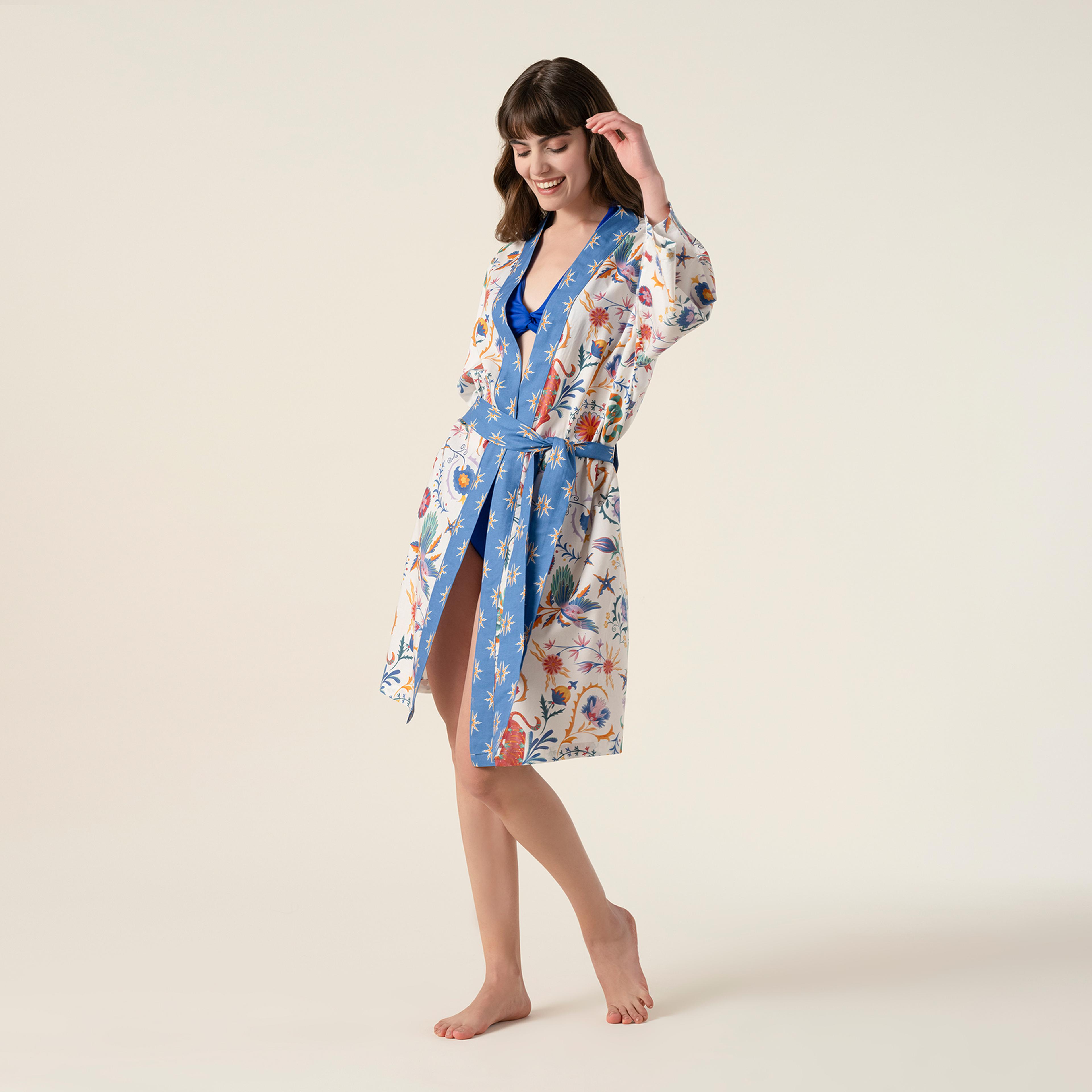 Baklan Baskılı Pamuk Modal Pamuk Modal Kimono - Renkli