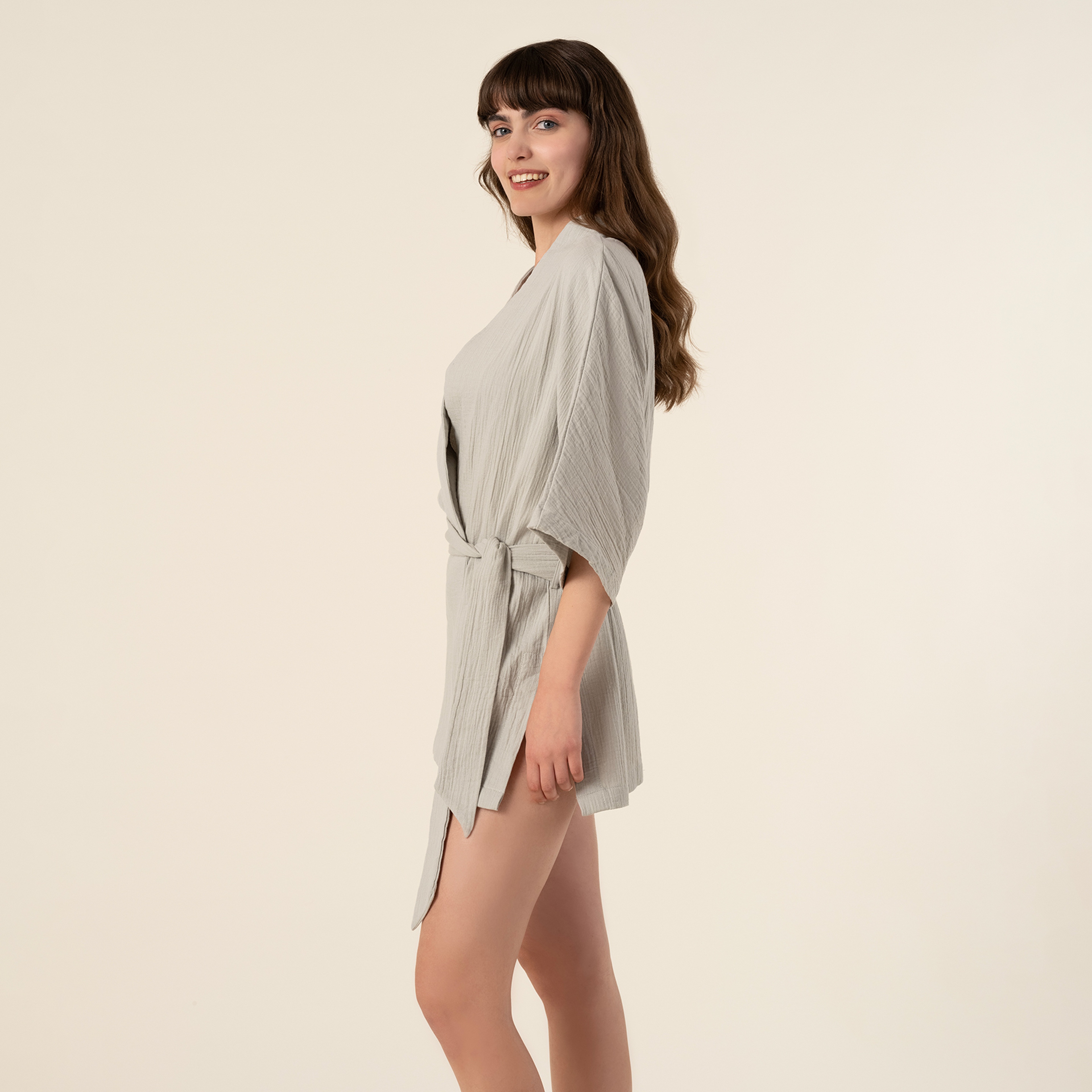 Tavas %100 Pamuk Kimono Small-medıum Beden Açık Gri