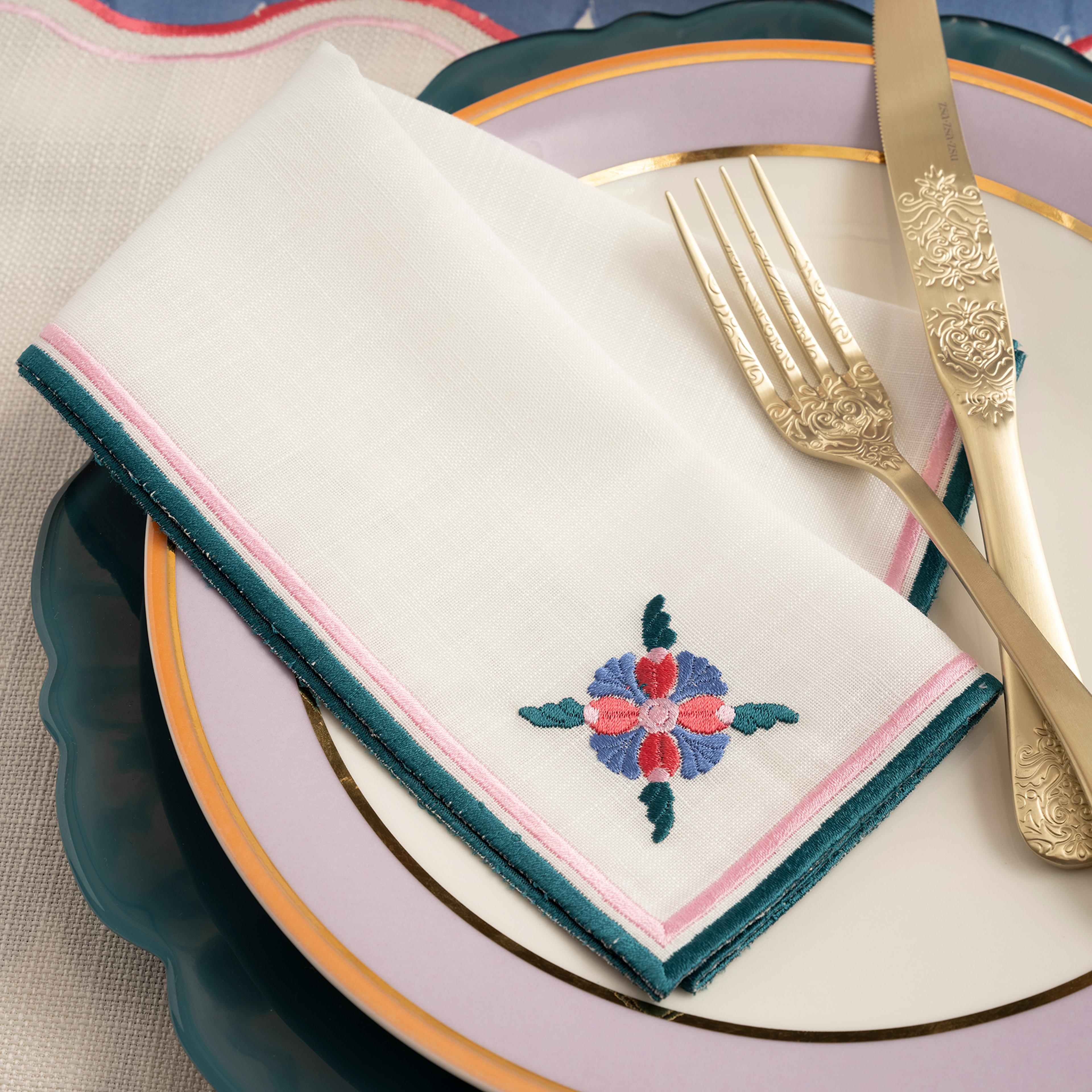 Prusa Nakışlı 2'li Polyester %100 Polyester Peçete 40x40 Cm Pembe - Yeşil