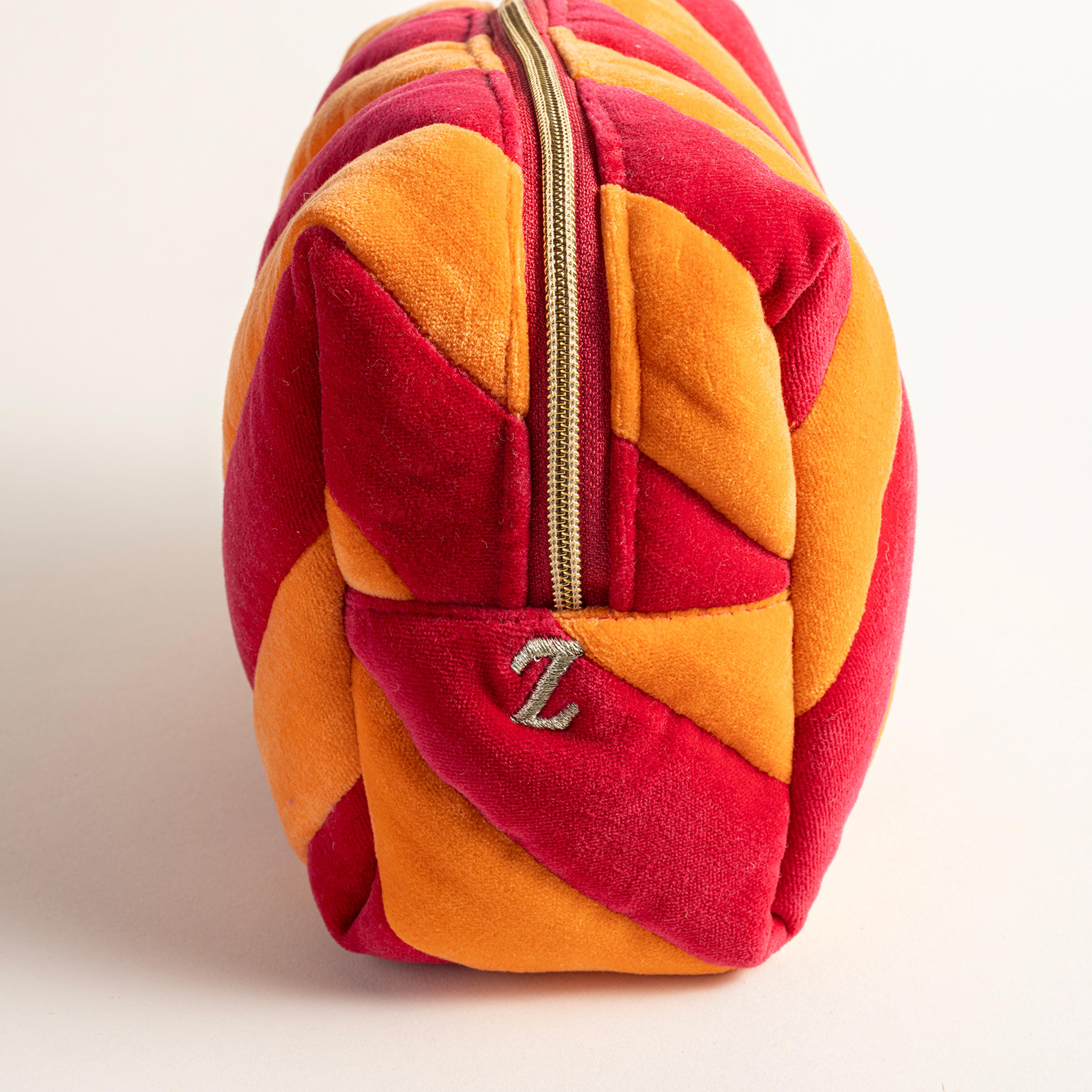 Delhı Kadife Büyük Boy %100 Pamuk Makyaj Çantası 25x16x10 Cm Turuncu/Fuşya