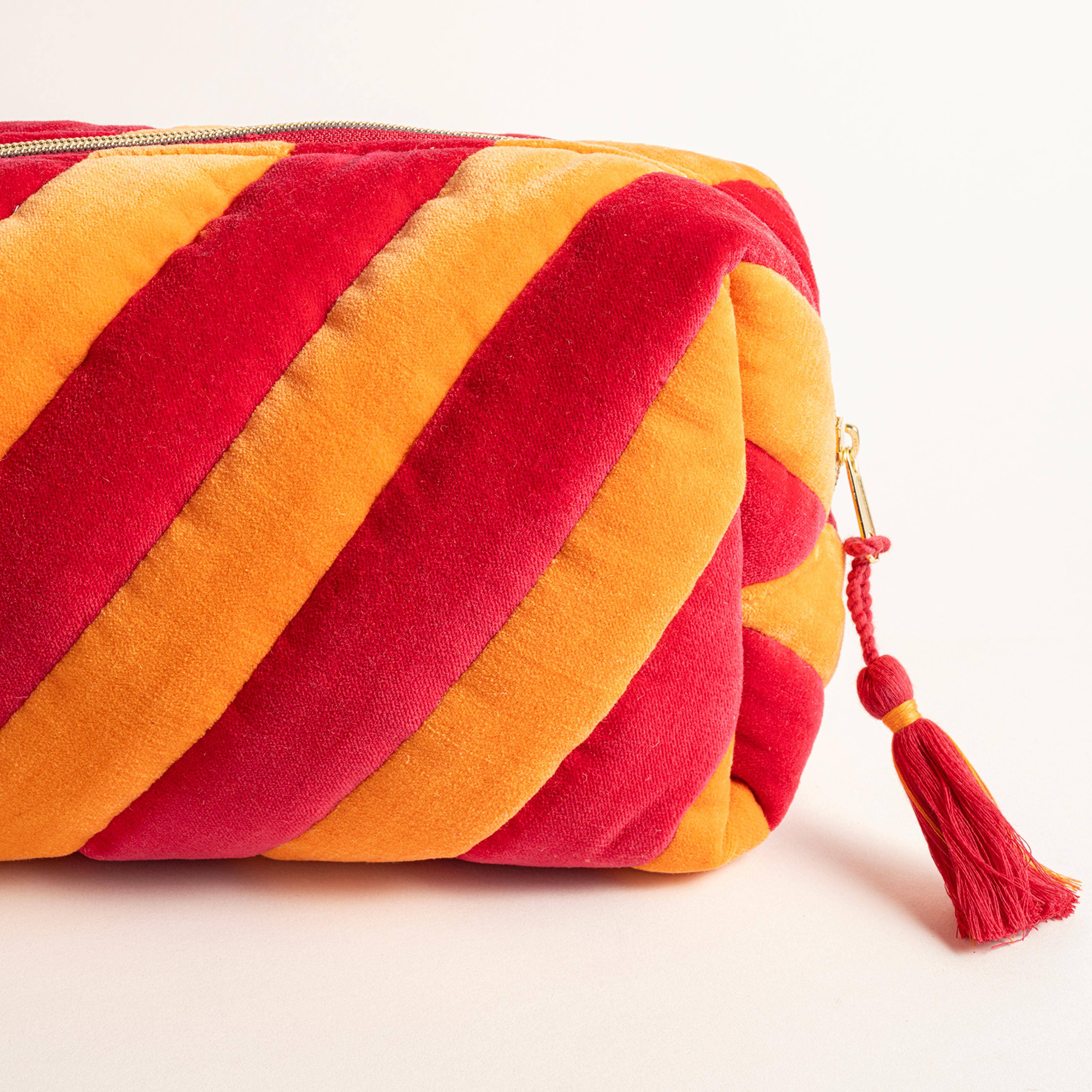 Delhı Kadife Büyük Boy %100 Pamuk Makyaj Çantası 25x16x10 Cm Turuncu/Fuşya