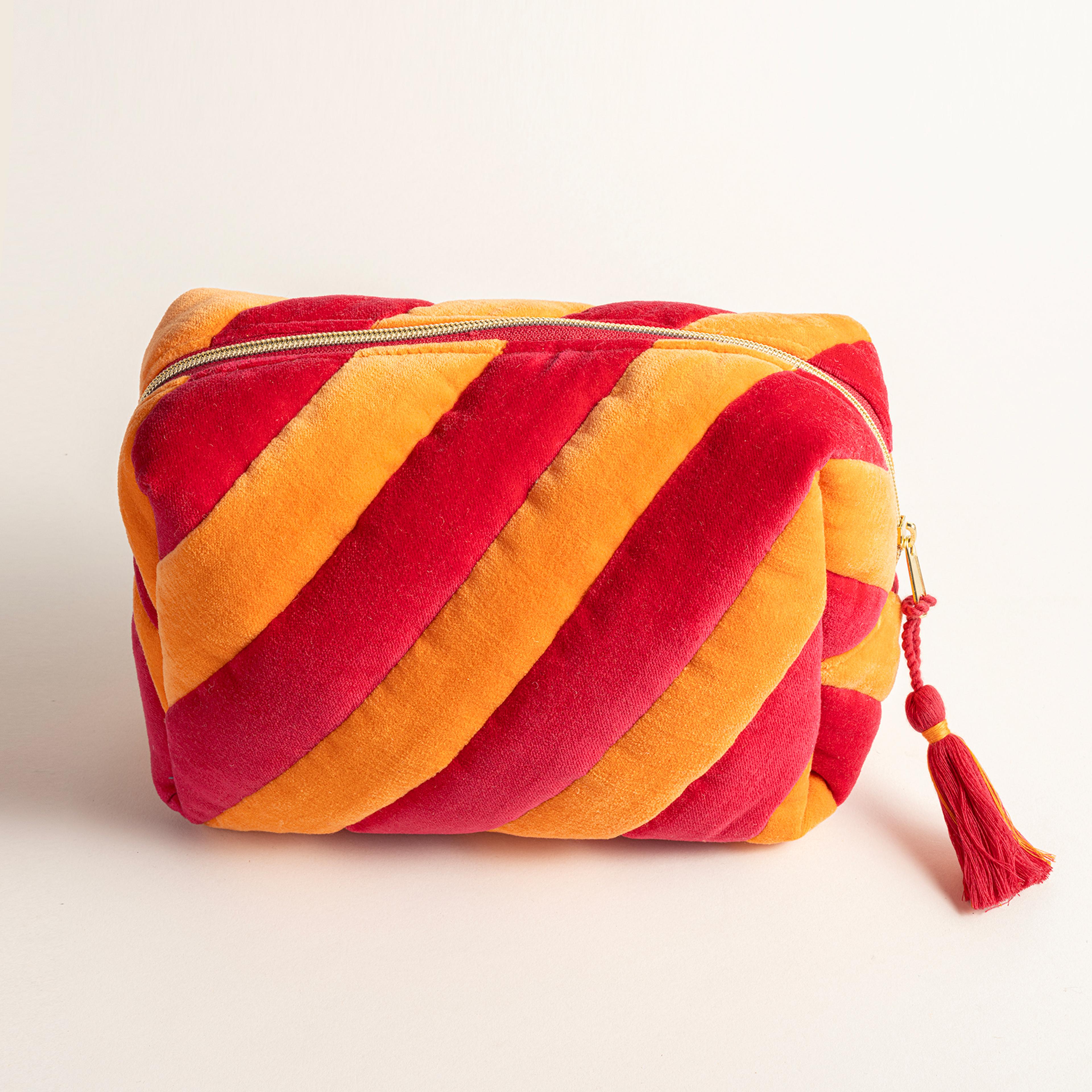 Delhı Kadife Büyük Boy %100 Pamuk Makyaj Çantası 25x16x10 Cm Turuncu/Fuşya