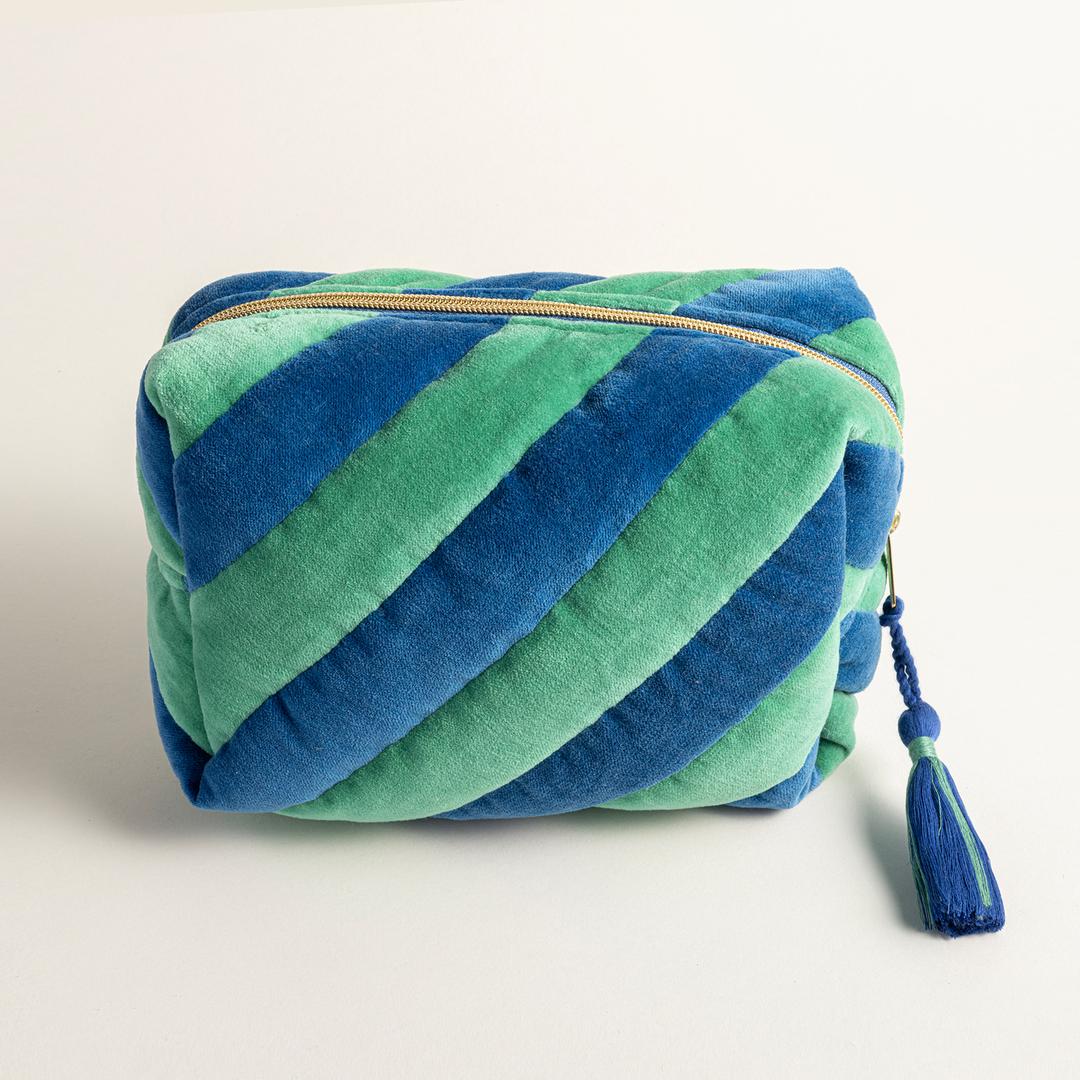 Delhı Kadife Orta Boy %100 Pamuk Makyaj Çantası 21x14x9 Cm Yeşil/Mavi