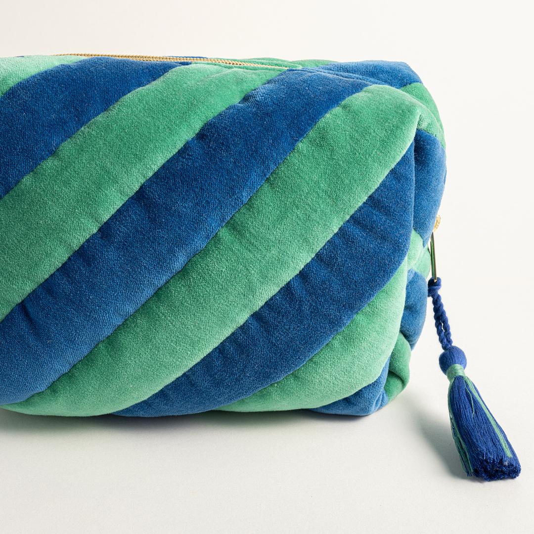 Delhı Kadife Orta Boy %100 Pamuk Makyaj Çantası 21x14x9 Cm Yeşil/Mavi