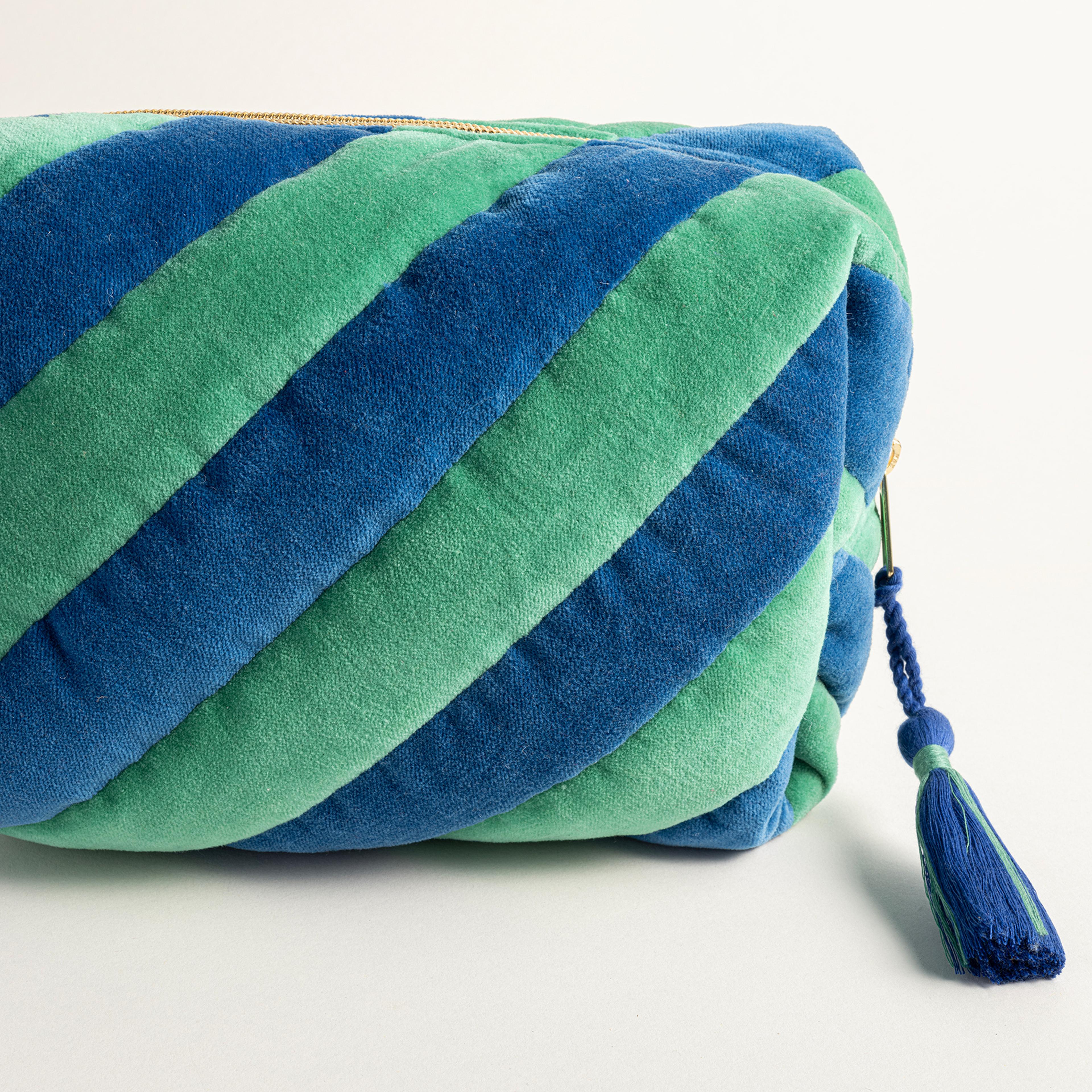 Delhı Kadife Orta Boy %100 Pamuk Makyaj Çantası 21x14x9 Cm Yeşil/Mavi