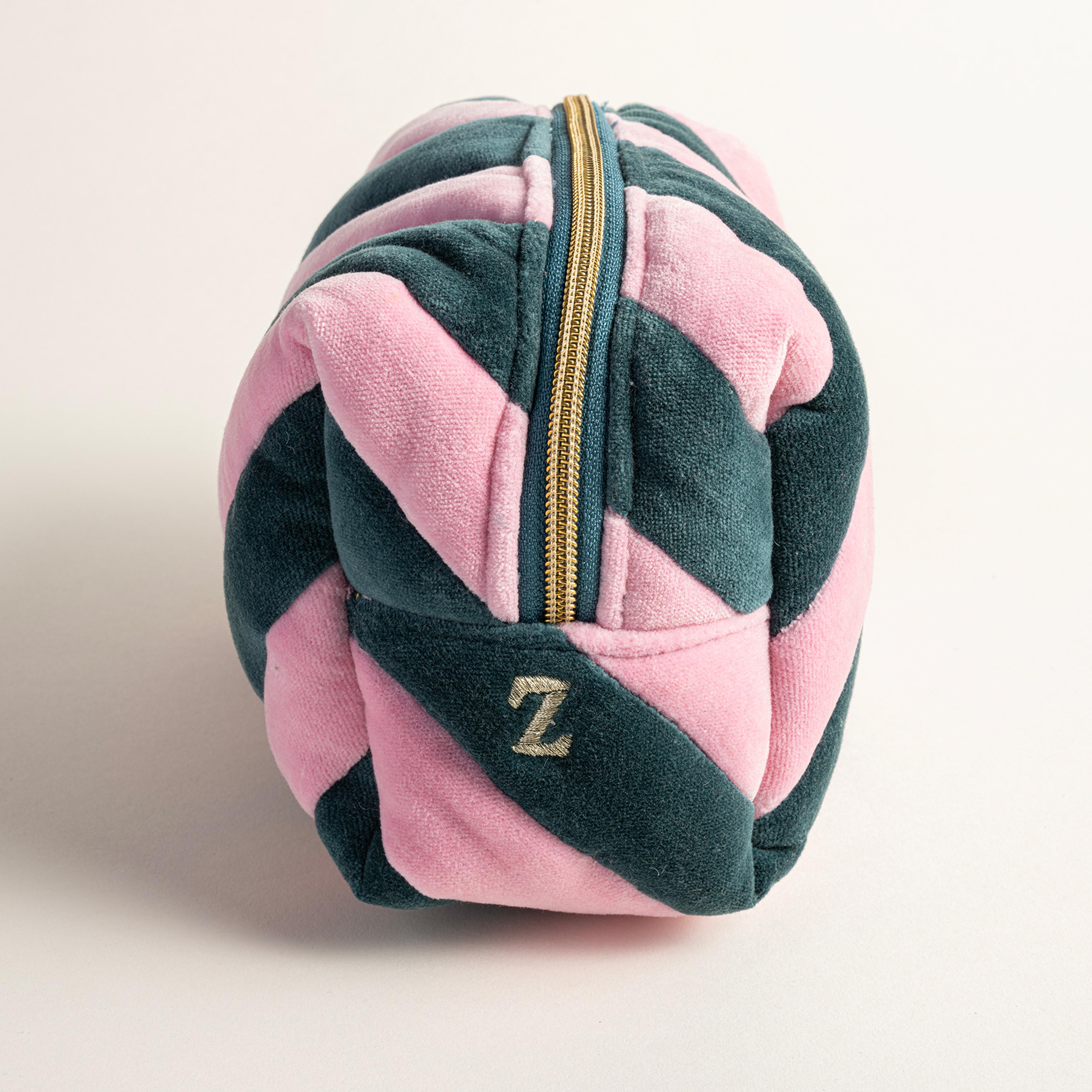 Delhı Kadife Küçük Boy %100 Pamuk Makyaj Çantası 19.5x12x9 Cm Pembe/Yeşil