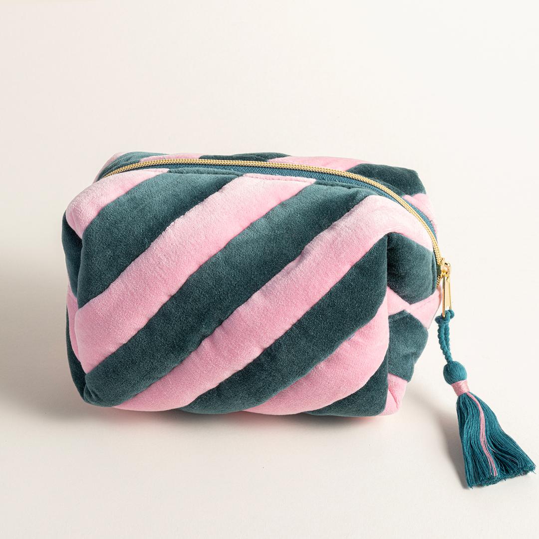 Delhı Kadife Küçük Boy %100 Pamuk Makyaj Çantası 19.5x12x9 Cm Pembe/Yeşil