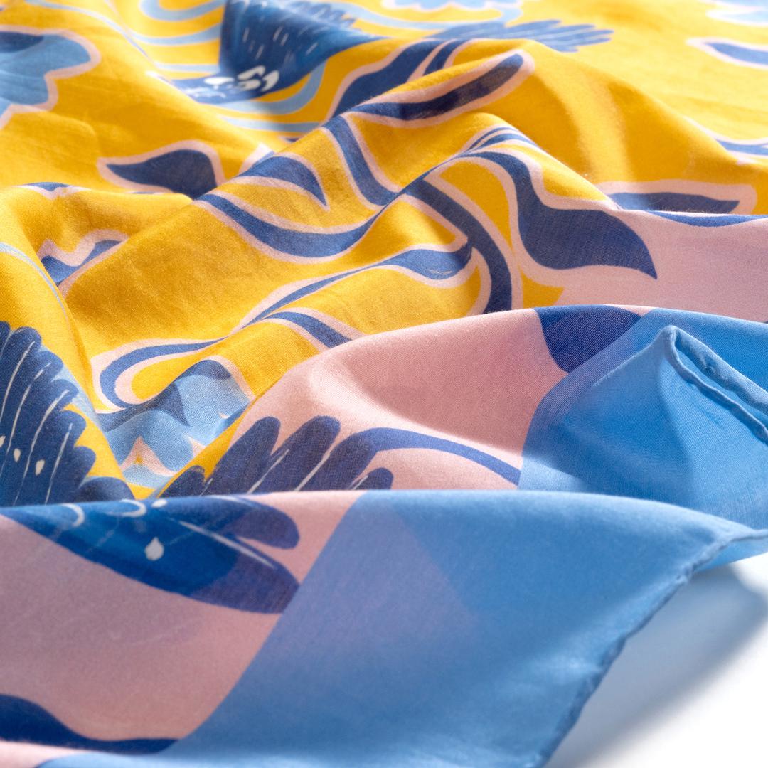 Pera Dijital Baskılı Pamuk Pamuk İpek Pareo 140x140 Cm Mavi - Sarı