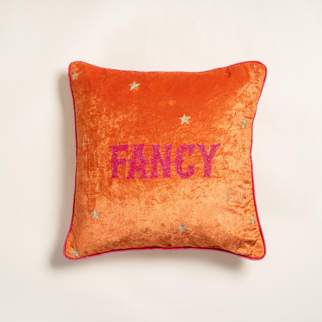 Ghunı Biyeli Nakışlı Pamuk Viskon Pamuk Kadife Dolgulu Kırlent 50x50 Cm Turuncu