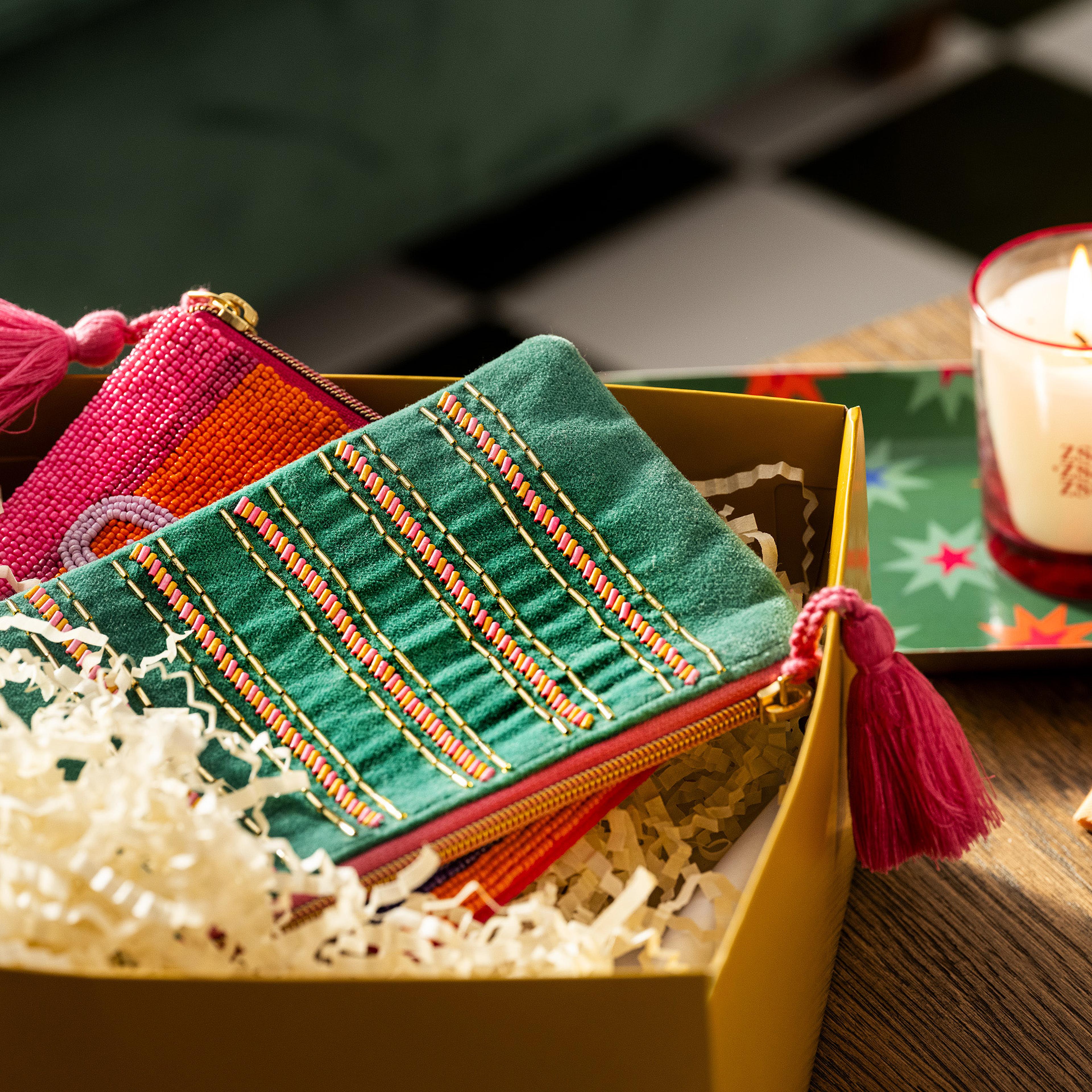 Delhı Boncuk Nakışlı Küçük Boy Pamuk Pamuk Makyaj Çantası 12x18 Cm Yeşil