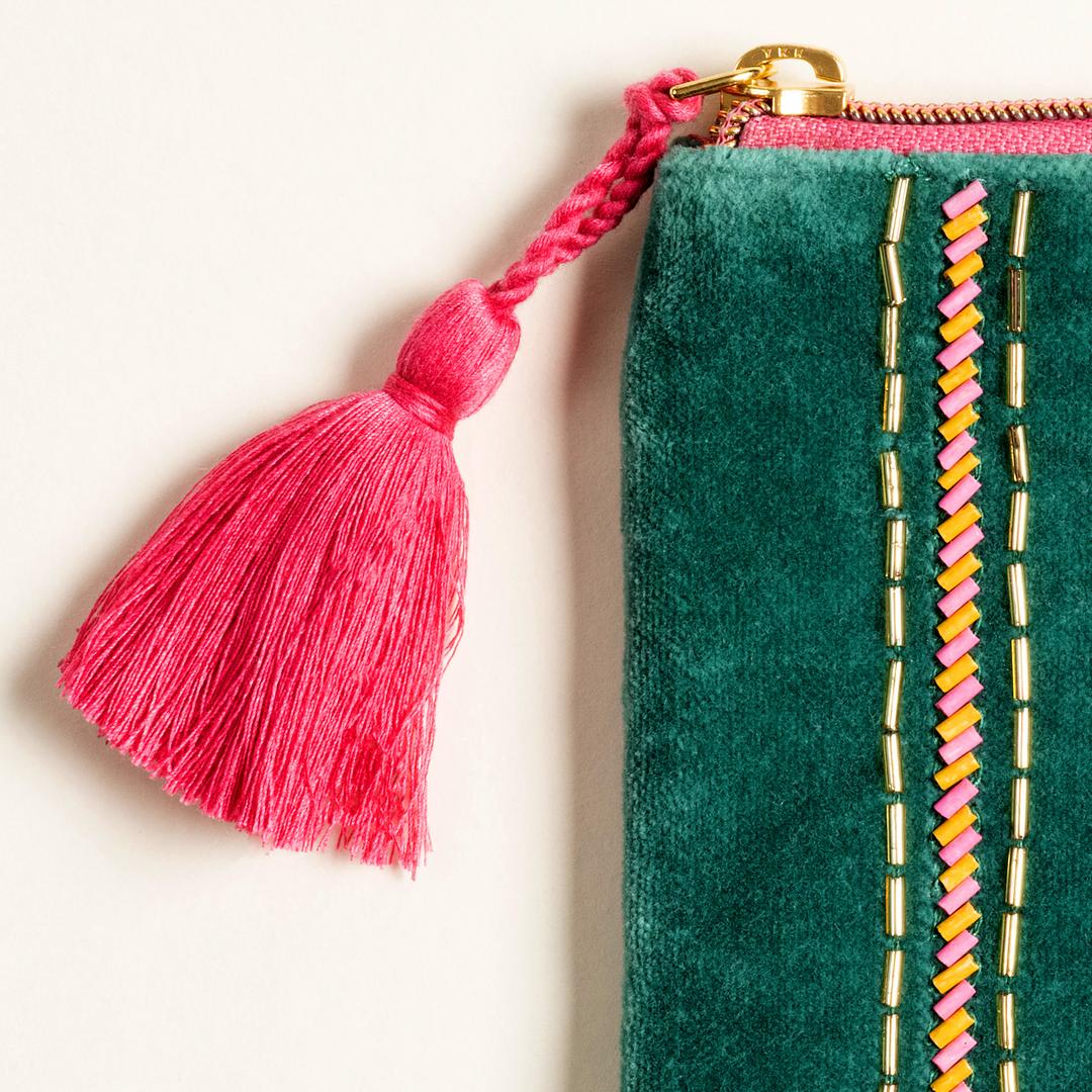 Delhı Boncuk Nakışlı Küçük Boy Pamuk Pamuk Makyaj Çantası 12x18 Cm Yeşil