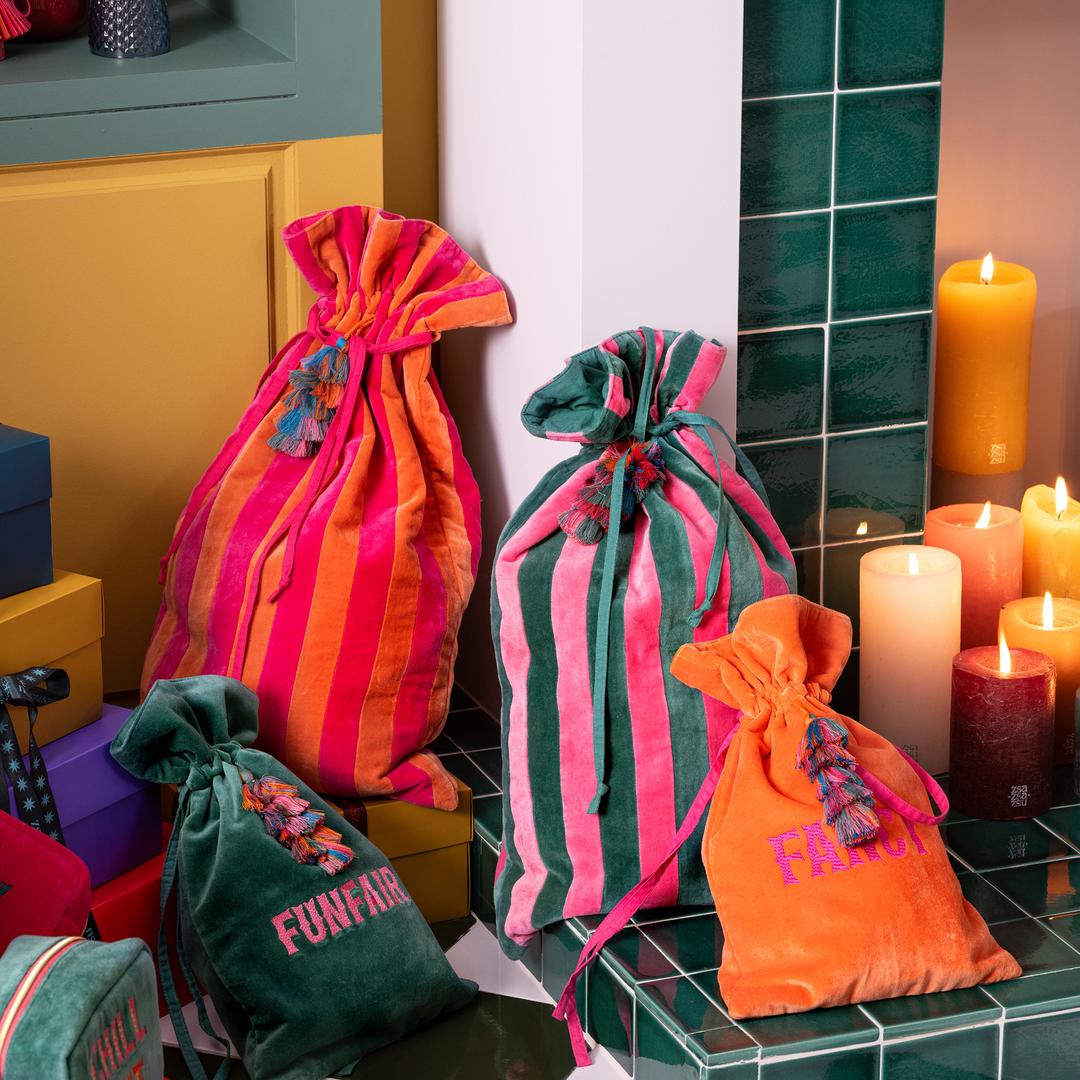 Delhı Püsküllü Çizgili Büyük Boy Pamuk Pamuk Dekoratif Kese 60x35 Cm Pembe - Yeşil