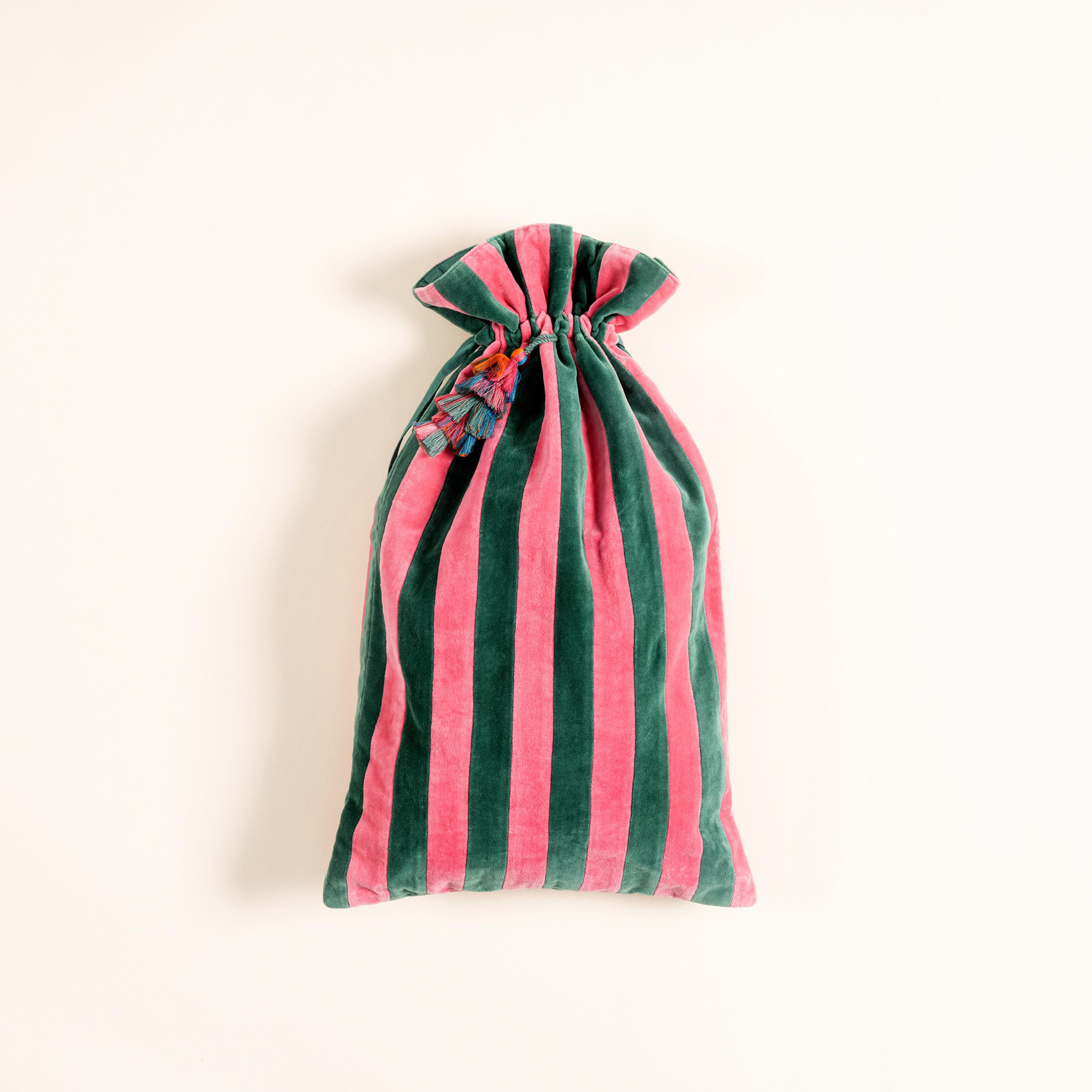 Delhı Püsküllü Çizgili Büyük Boy Pamuk Pamuk Dekoratif Kese 60x35 Cm Pembe - Yeşil