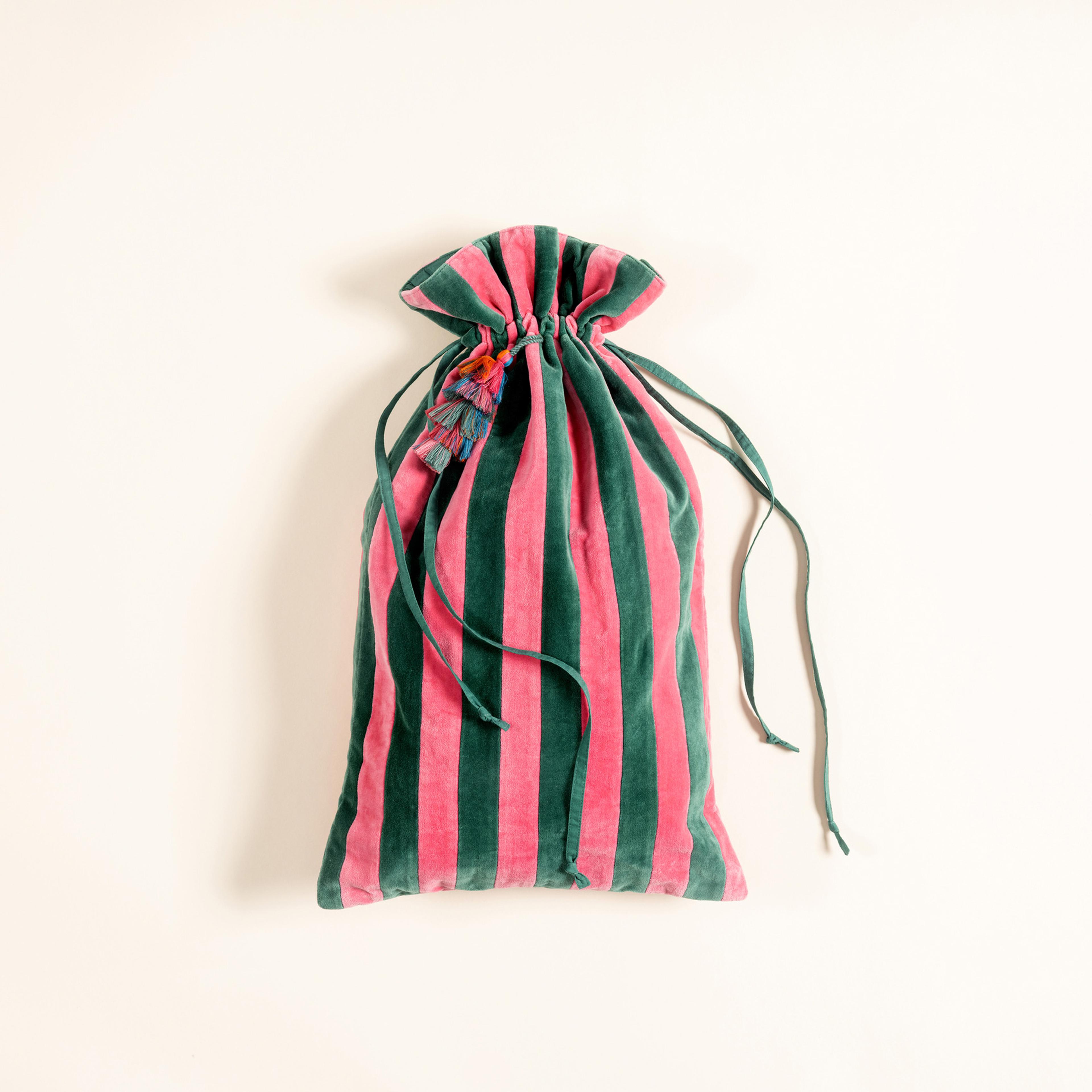 Delhı Püsküllü Çizgili Büyük Boy Pamuk Pamuk Dekoratif Kese 60x35 Cm Pembe - Yeşil