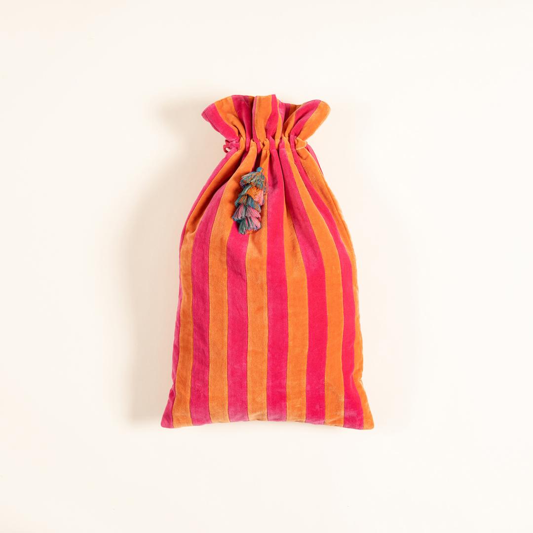 Delhı Püsküllü Çizgili Büyük Boy Pamuk Pamuk Dekoratif Kese 60x35 Cm Turuncu - Fuşya