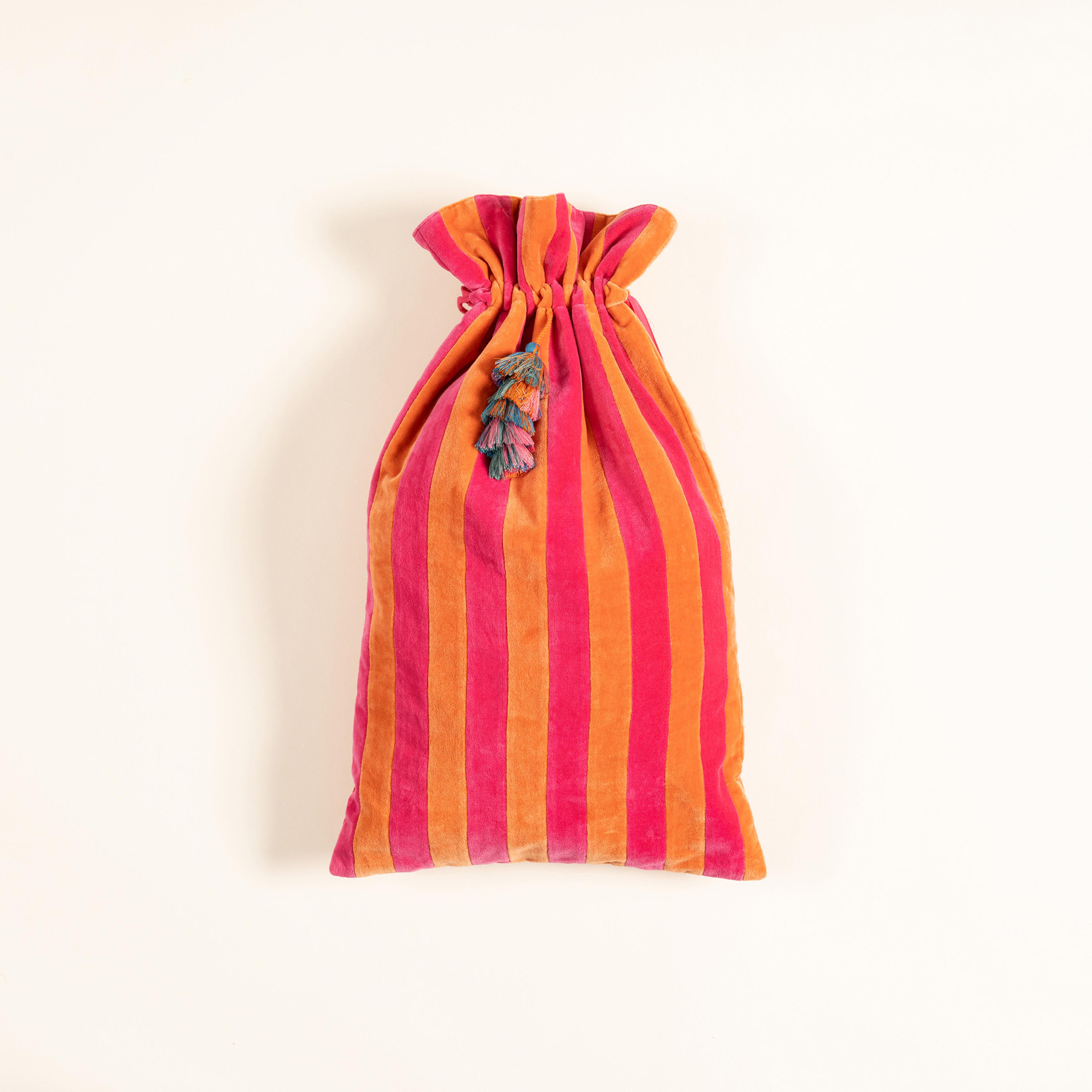 Delhı Püsküllü Çizgili Büyük Boy Pamuk Pamuk Dekoratif Kese 60x35 Cm Turuncu - Fuşya