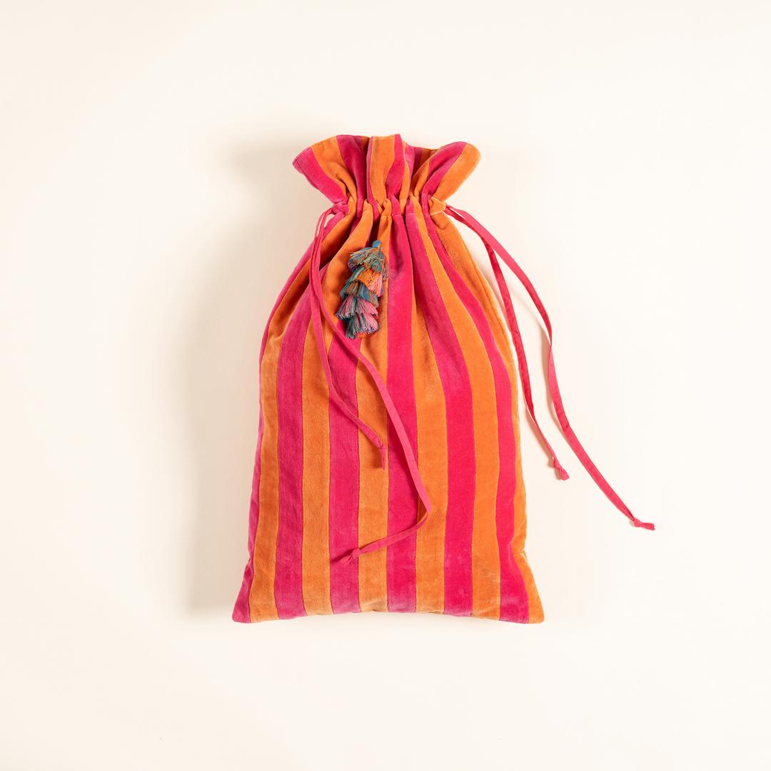 Delhı Püsküllü Çizgili Büyük Boy Pamuk Pamuk Dekoratif Kese 60x35 Cm Turuncu - Fuşya