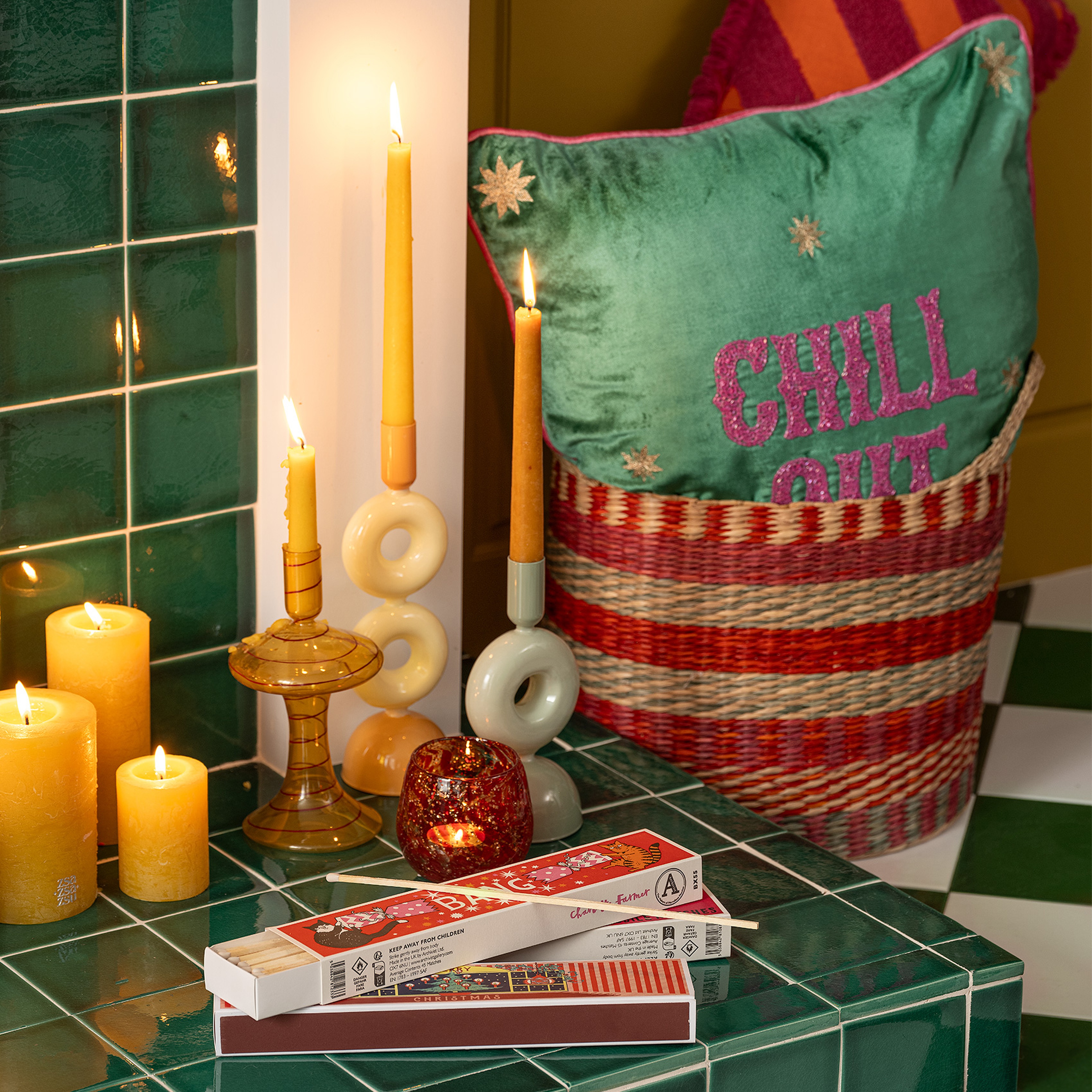 Henan Borosilikat Cam Şamdan 9x9x20 Cm Yeşil