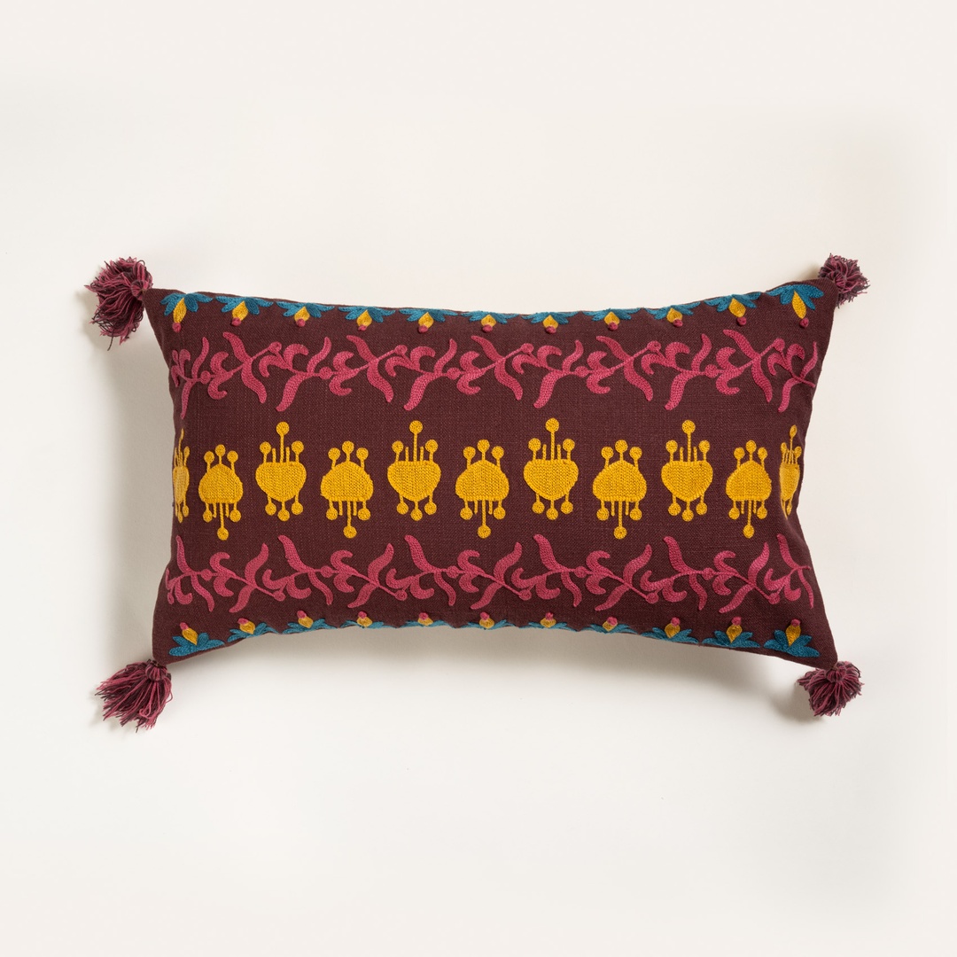 Ghunı Püsküllü Nakışlı Pamuk Pamuk Dolgulu Kırlent 30x55 Cm Bordo