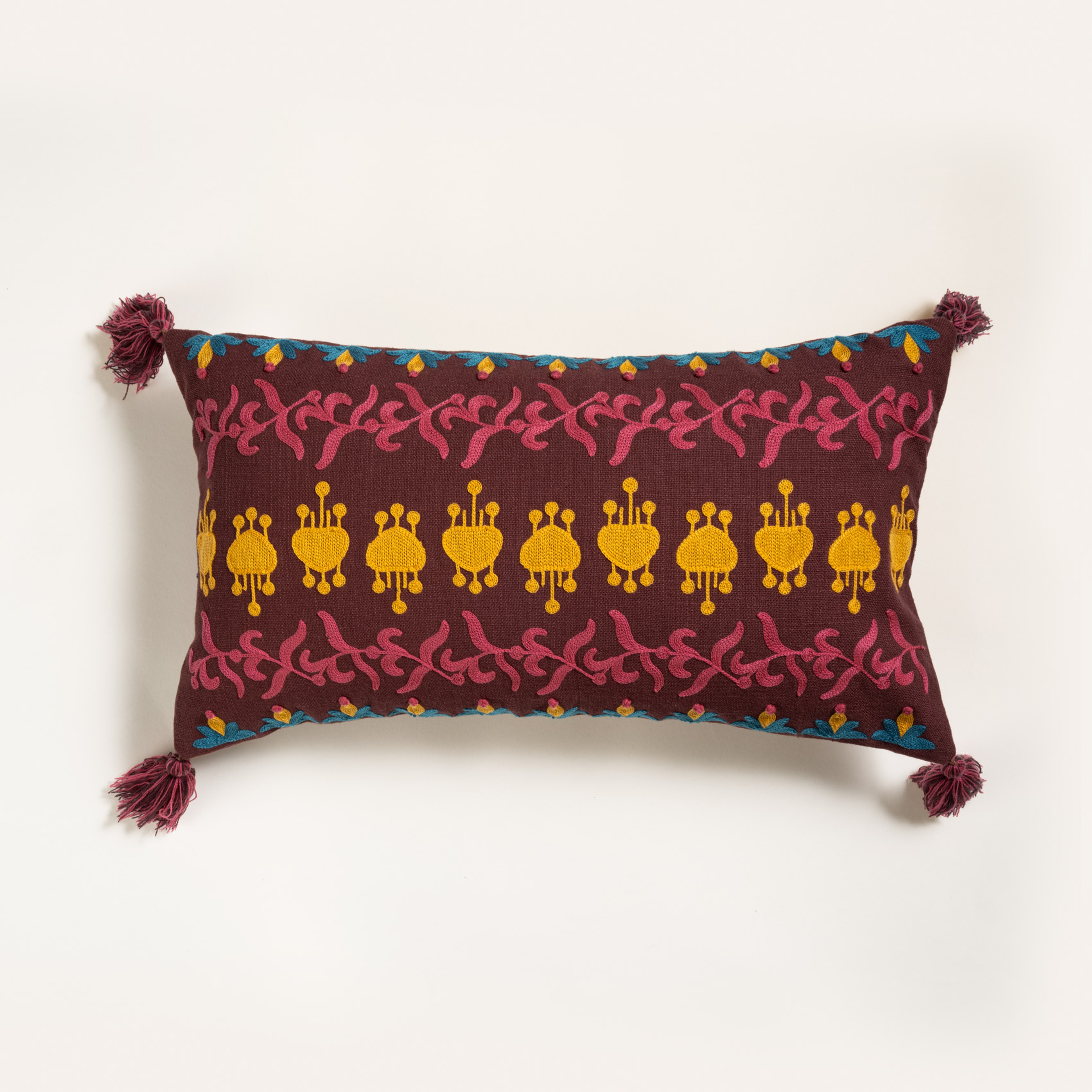 Ghunı Püsküllü Nakışlı Pamuk Pamuk Dolgulu Kırlent 30x55 Cm Bordo