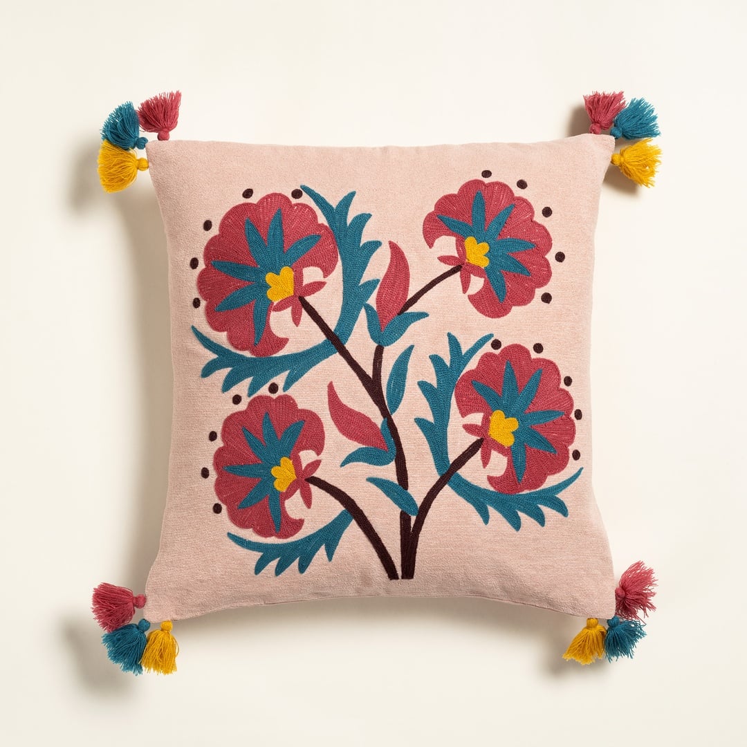 Ghunı Püsküllü Nakışlı Pamuk Pamuk Dolgulu Kırlent 50x50 Cm Açık Pembe