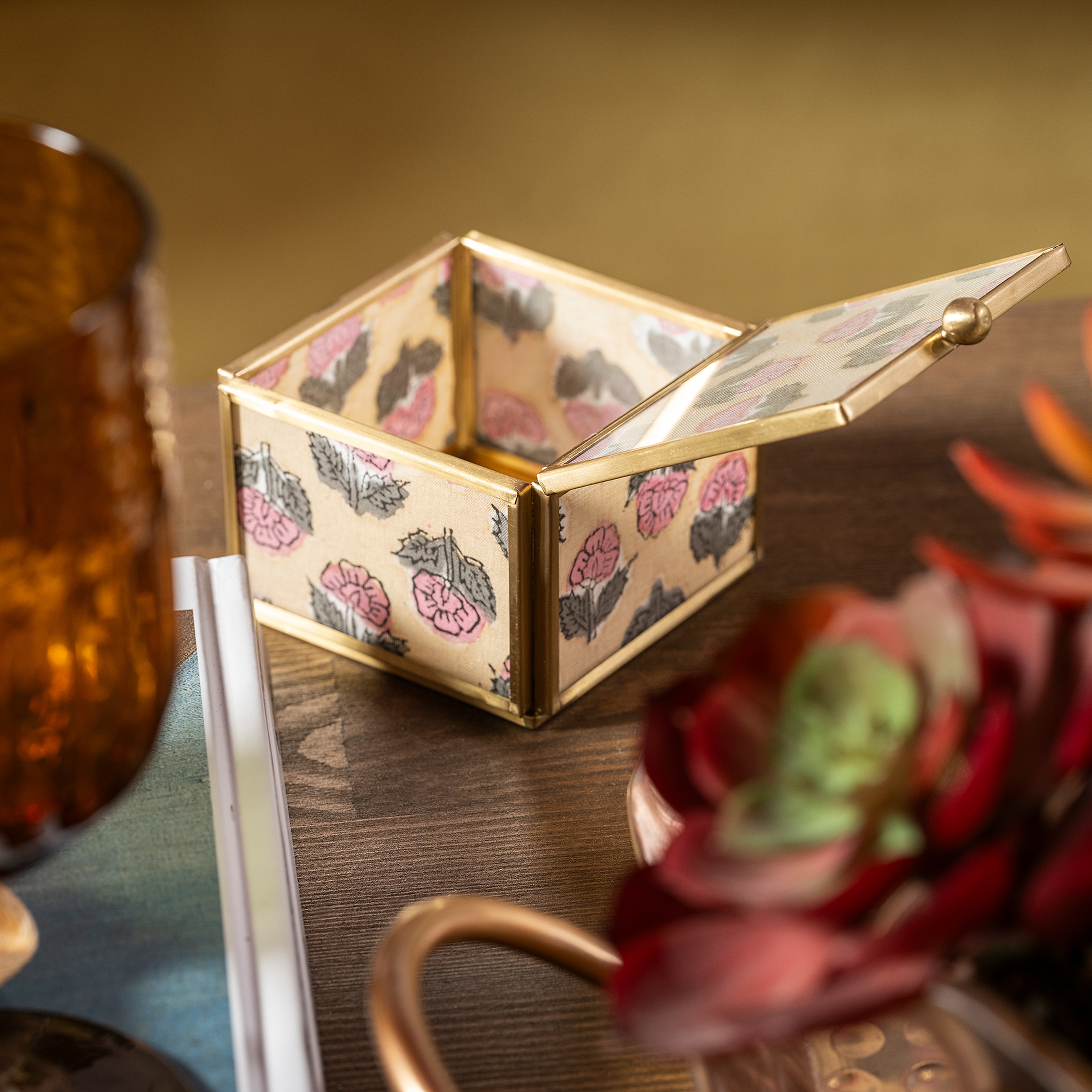 Fagu Cam Dekoratif Kutu 8x8x6 Cm Pembe - Yeşil