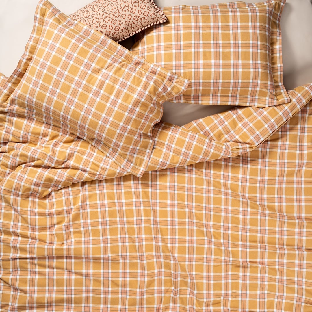 Vıseu Ekoseli Tek Kişilik Pamuk %100 Pamuk Flanel Nevresim Seti 160x220 Cm Hardal Sarısı