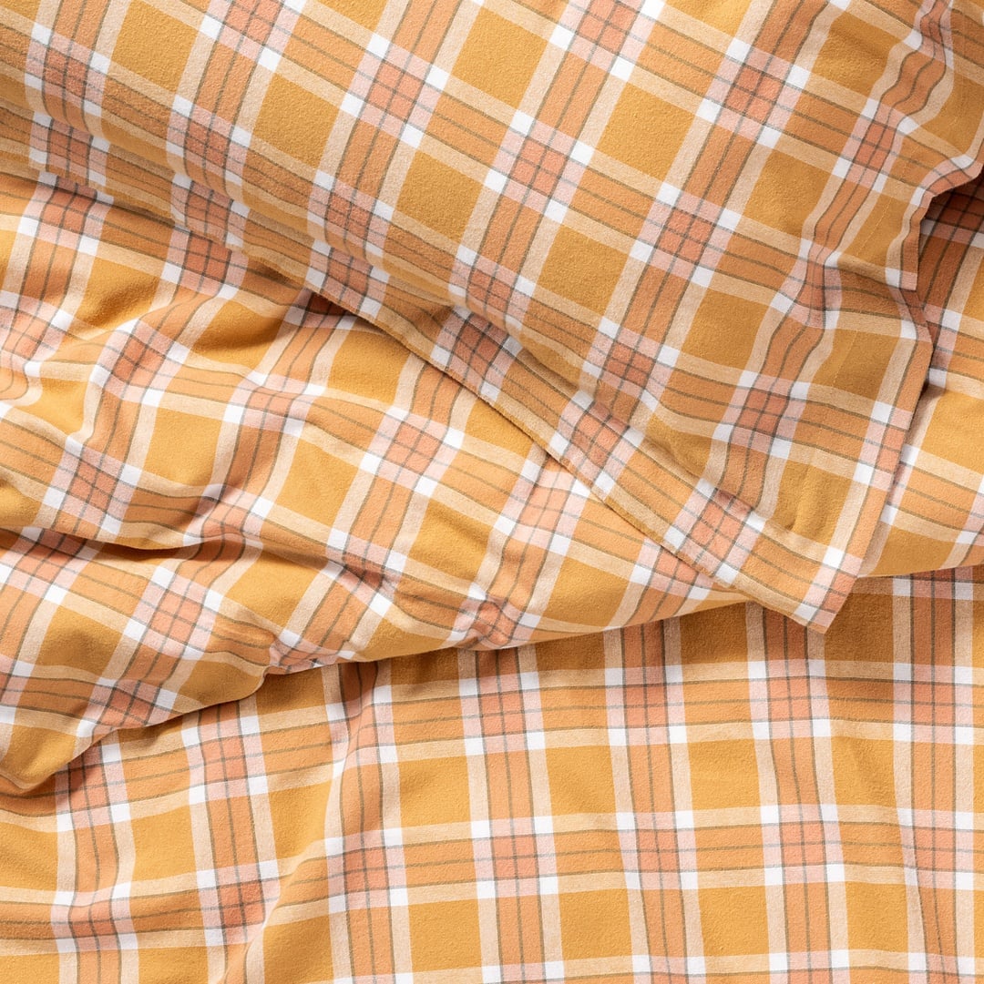 Vıseu Ekoseli Çift Kişilik Pamuk %100 Pamuk Flanel Nevresim Seti 200x220 Cm Hardal Sarısı