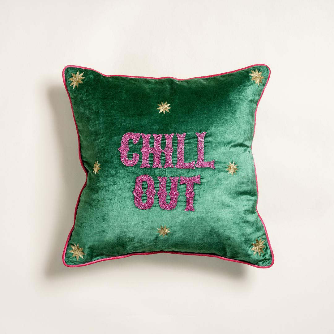 Ghunı Biyeli Nakışlı Pamuk Viskon Pamuk Kadife Kırlent 50x50 Cm Yeşil