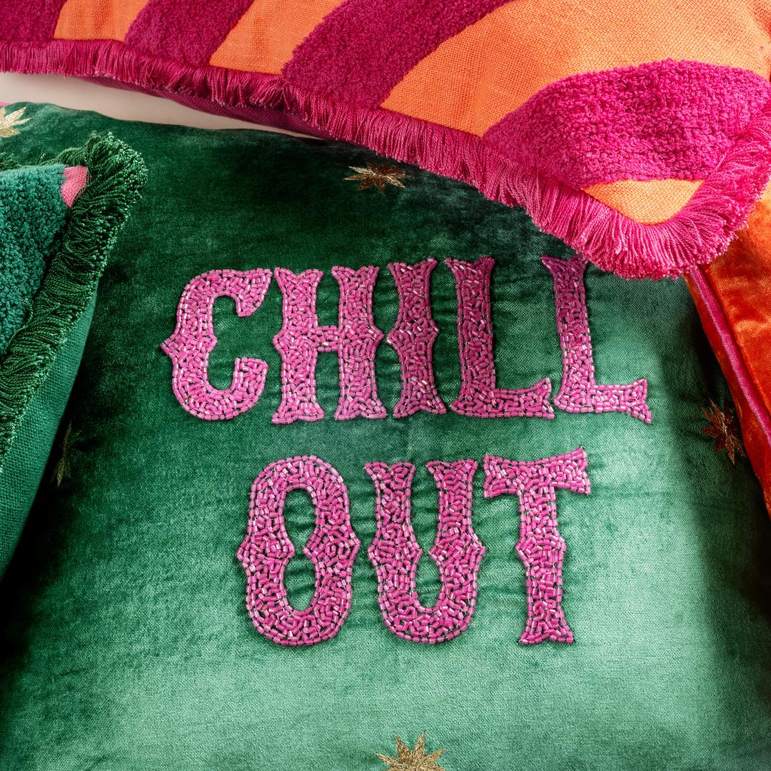 Ghunı Biyeli Nakışlı Pamuk Viskon Pamuk Kadife Kırlent 50x50 Cm Yeşil