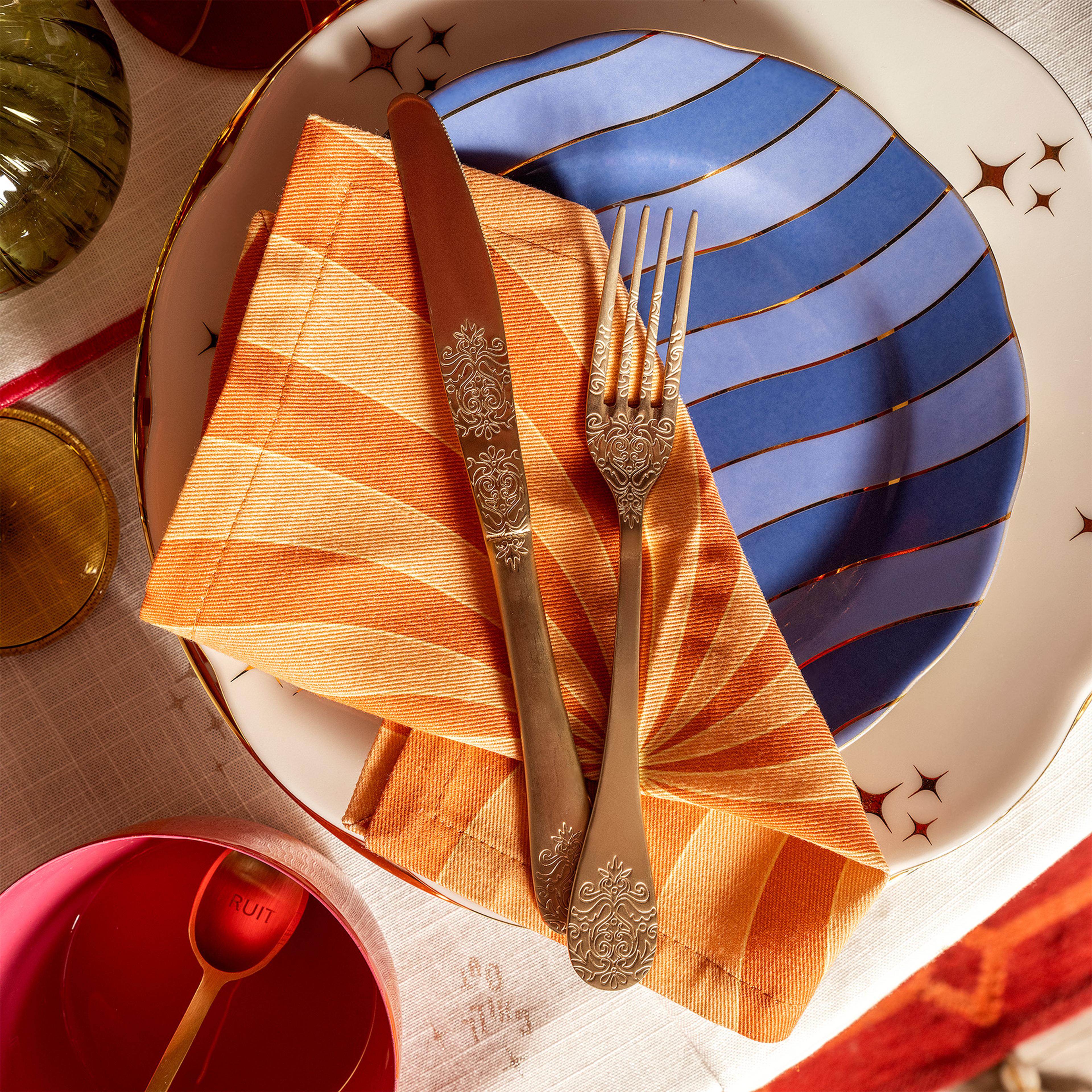 Nilüfer Nakışlı Baskılı Pamuk %100 Pamuk Peçete 25x25 Cm Turuncu - Mavi