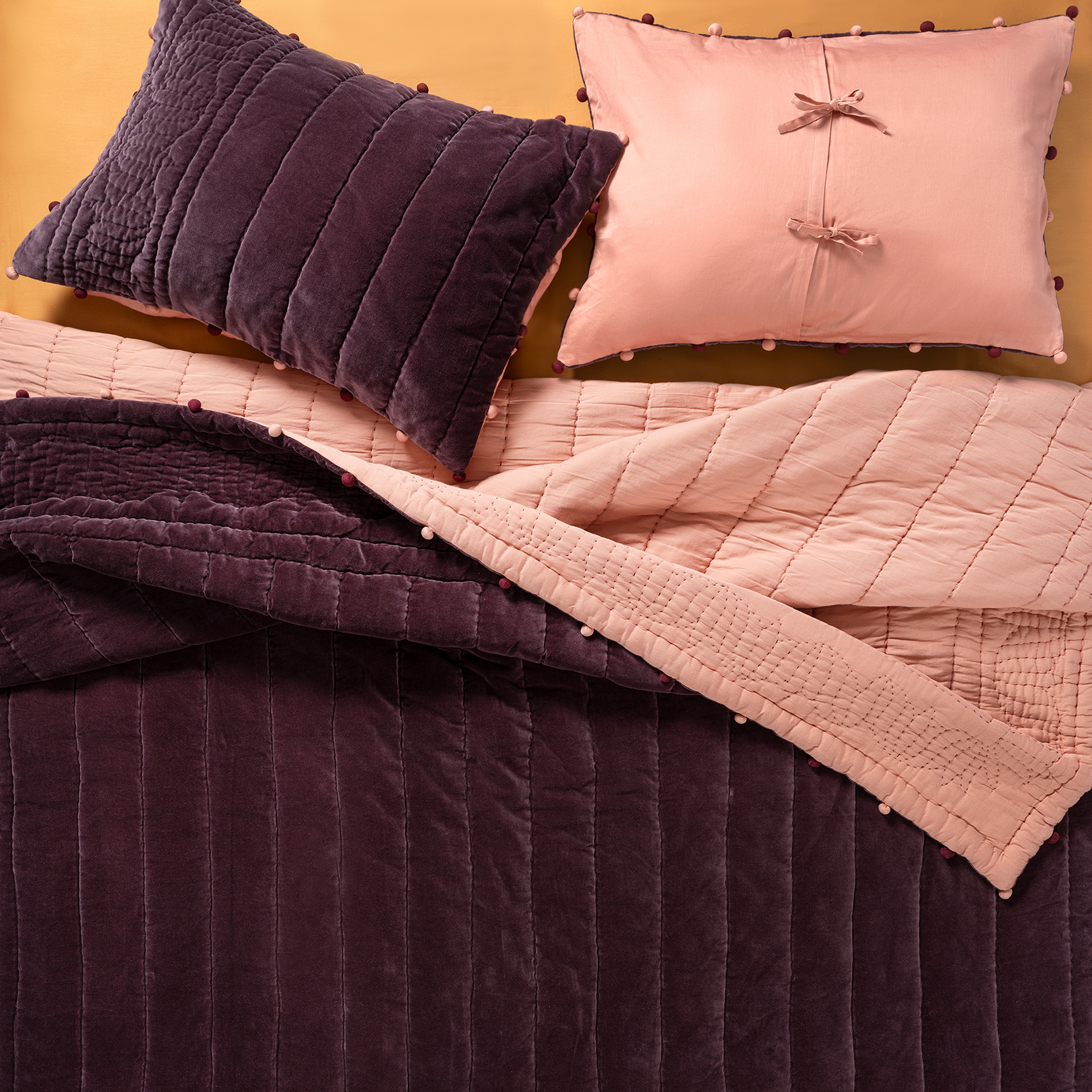 Okhla El İşi Kapitoneli Pamuk Kadife Pamuk Kadife Yatak Örtüsü Seti 260x280 Cm Vışne - Kıl