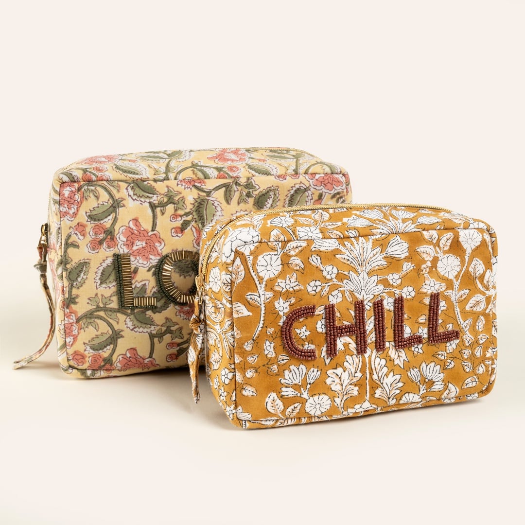 Delhı Nakışlı El Baskısı Küçük Boy Pamuk Pamuk Makyaj Çantası 12x18 Cm Sarı