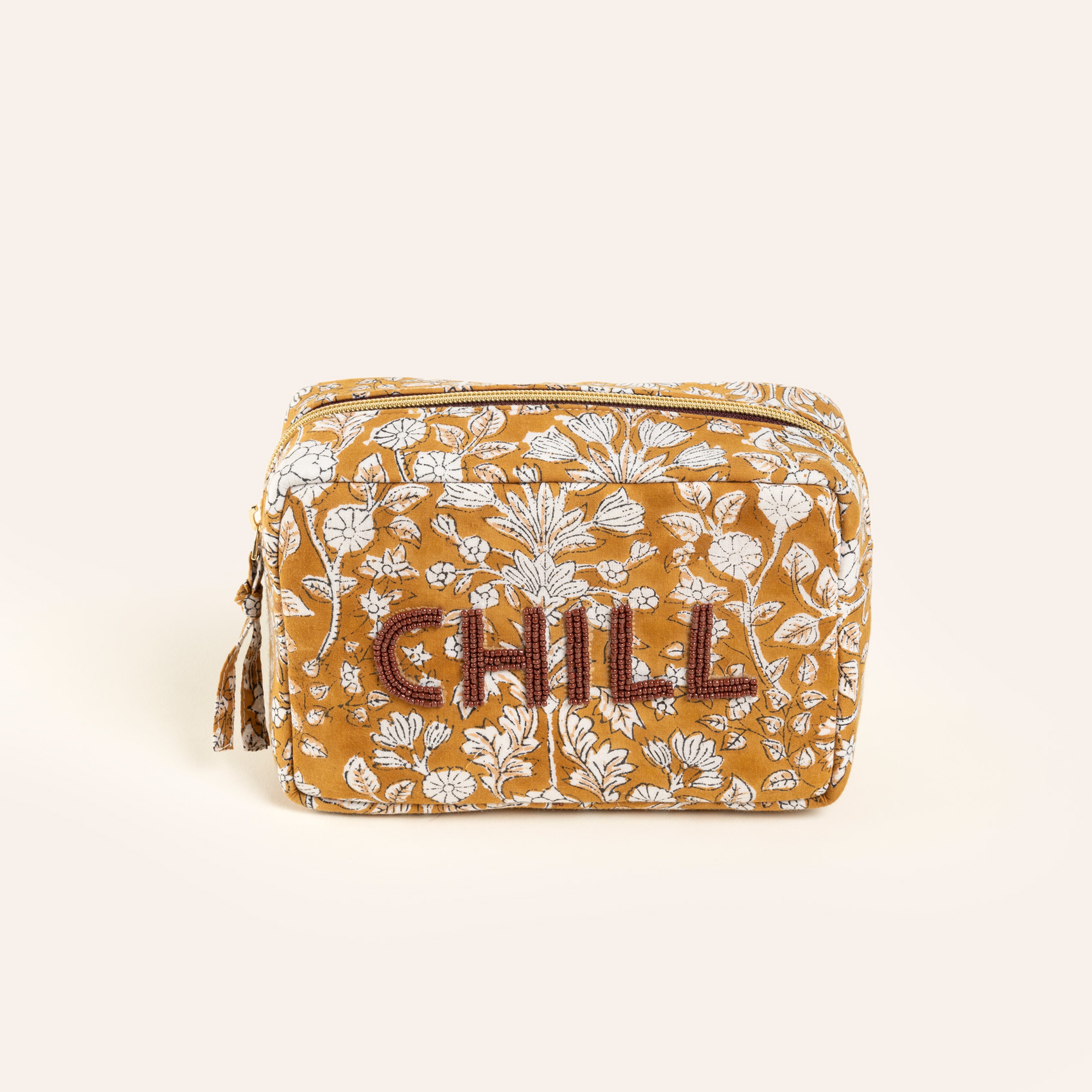 Delhı Nakışlı El Baskısı Küçük Boy Pamuk Pamuk Makyaj Çantası 12x18 Cm Sarı