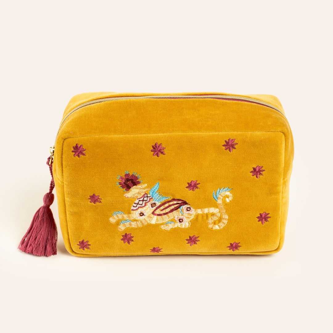 Delhı Nakışlı Büyük Boy Pamuk Pamuk Makyaj Çantası 23x15 Cm Sarı