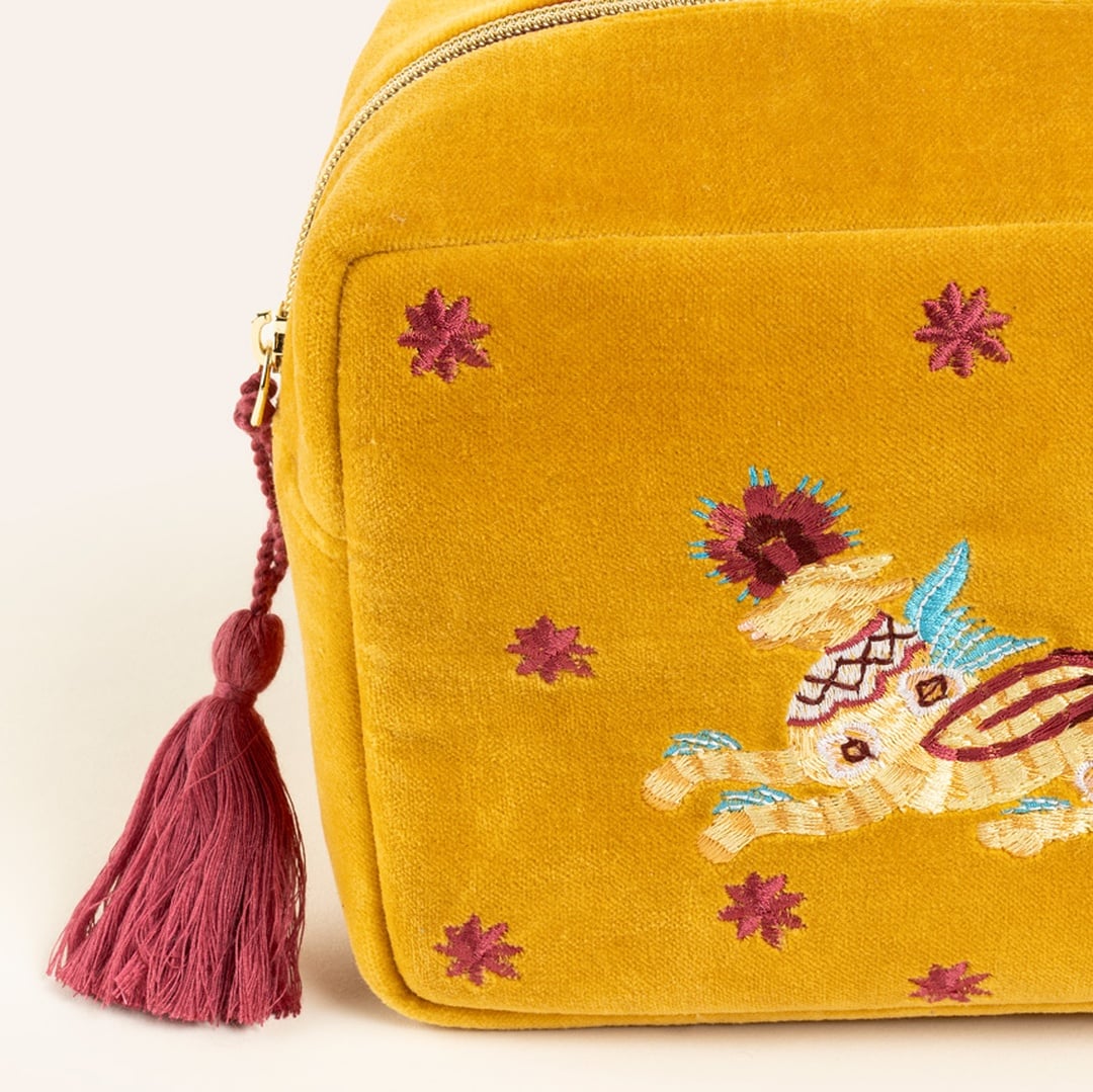 Delhı Nakışlı Büyük Boy Pamuk Pamuk Makyaj Çantası 23x15 Cm Sarı