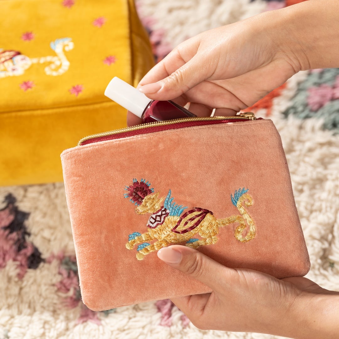 Delhı Biyeli Nakışlı Küçük Boy Pamuk Pamuk Makyaj Çantası 12x18 Cm Açık Pembe