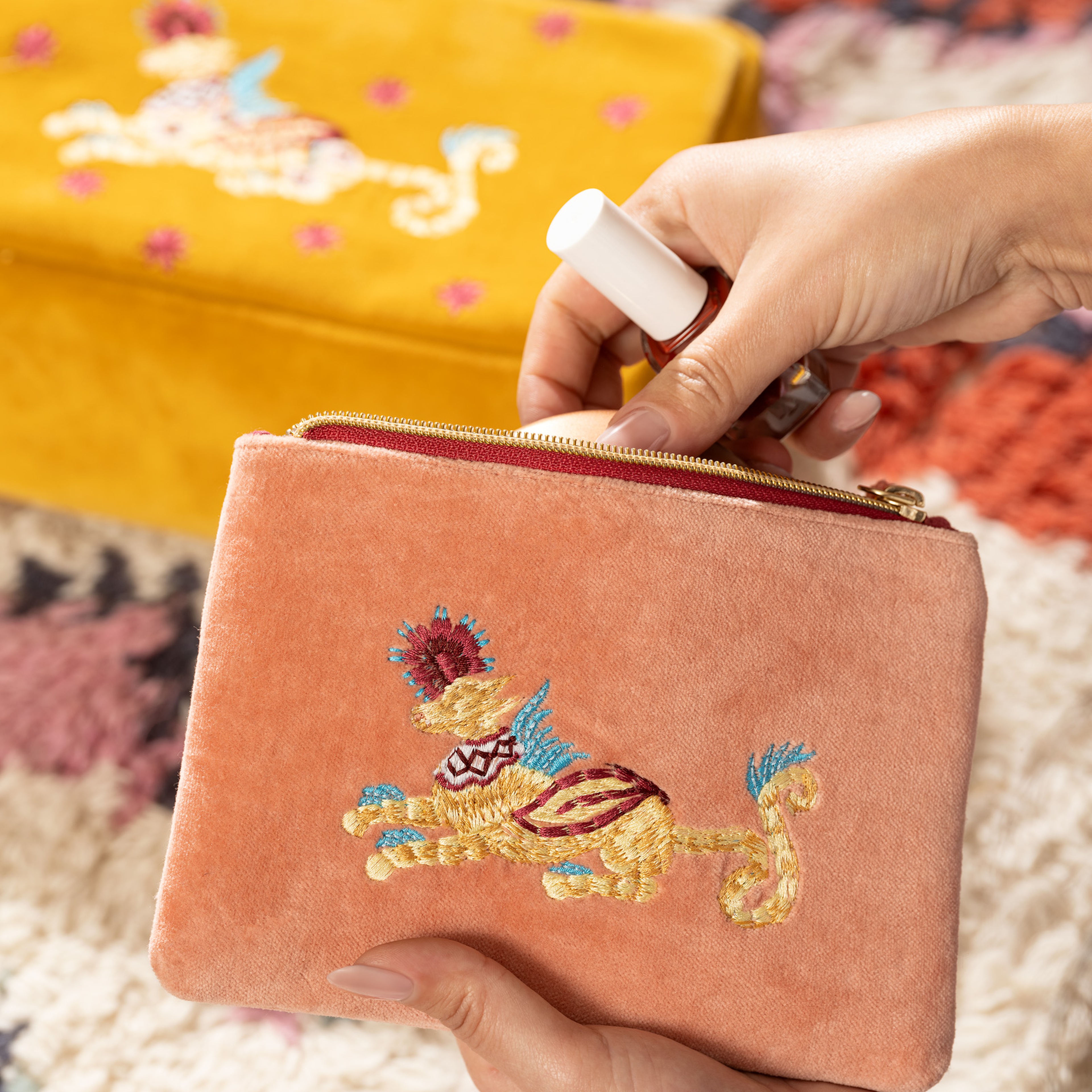 Delhı Biyeli Nakışlı Küçük Boy Pamuk Pamuk Makyaj Çantası 12x18 Cm Açık Pembe