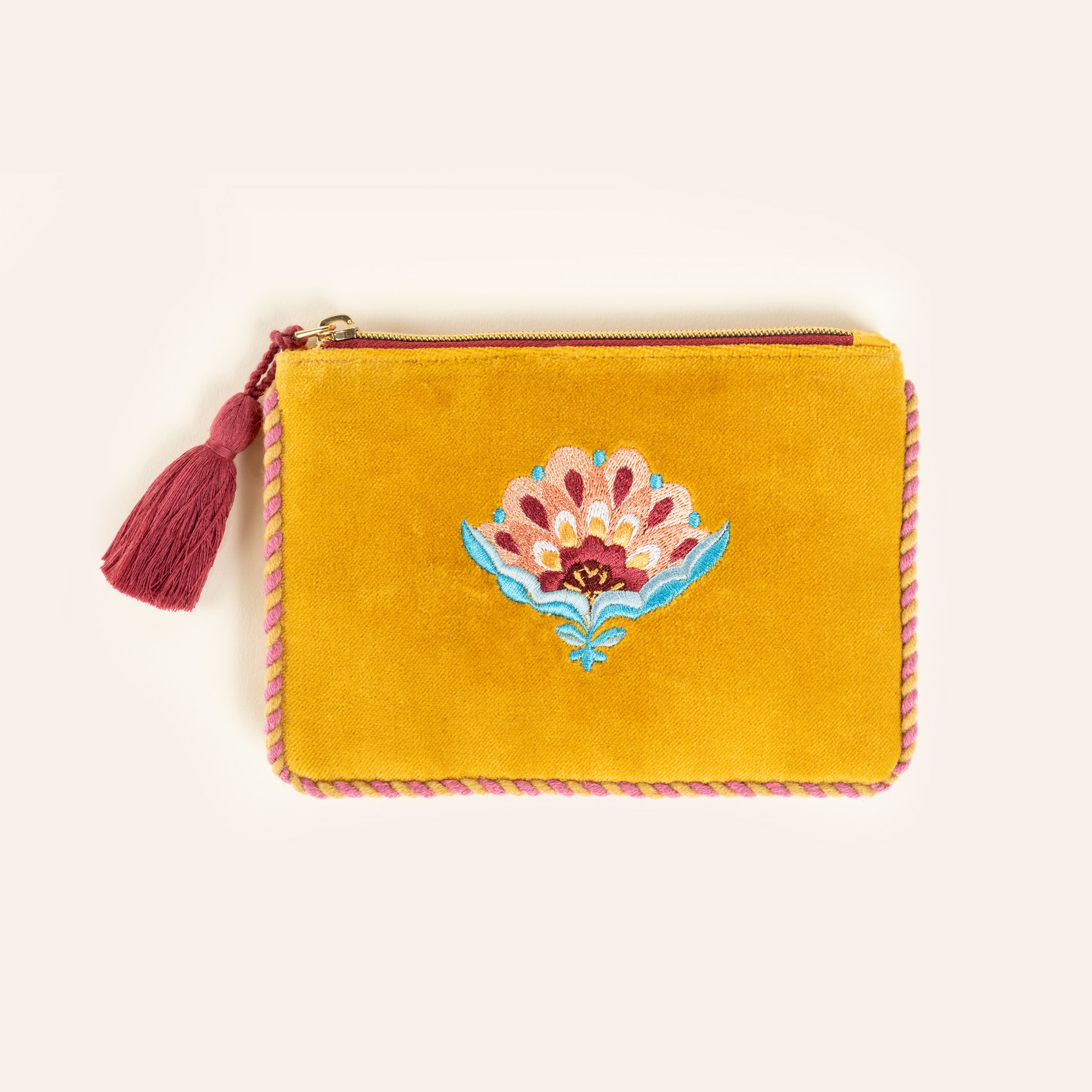 Delhı Biyeli Nakışlı Küçük Boy Pamuk Pamuk Makyaj Çantası 12x18 Cm Sarı