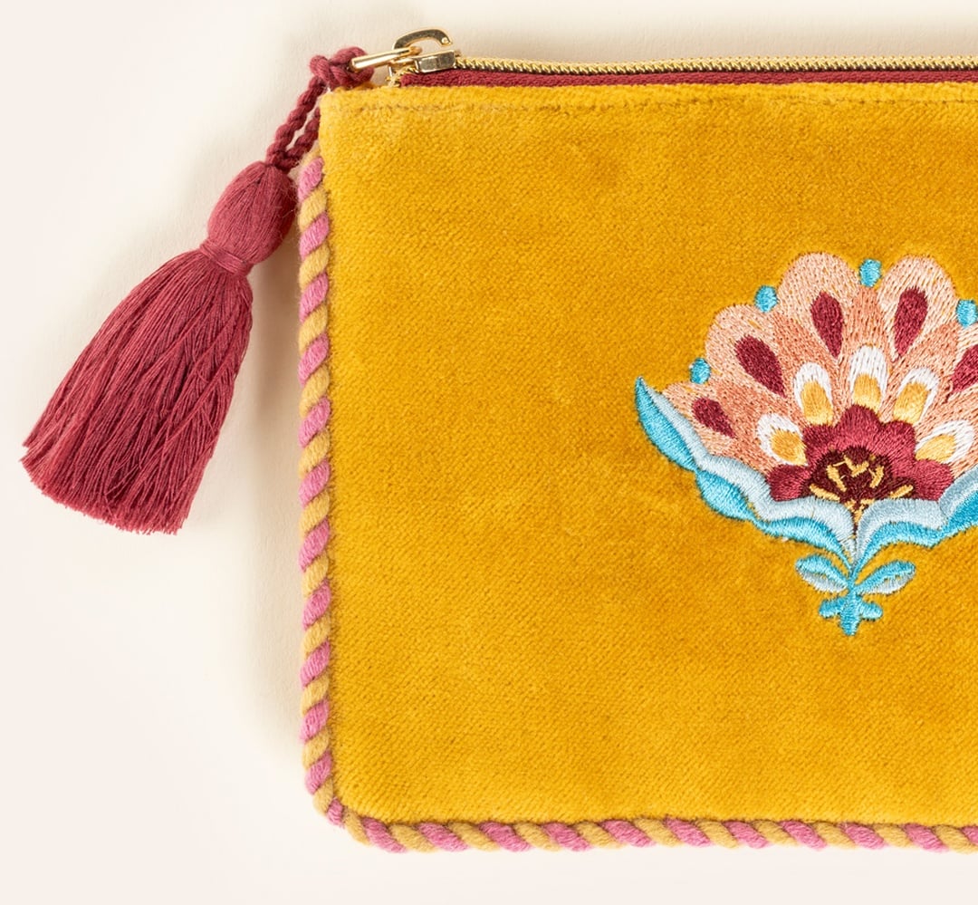 Delhı Biyeli Nakışlı Küçük Boy Pamuk Pamuk Makyaj Çantası 12x18 Cm Sarı