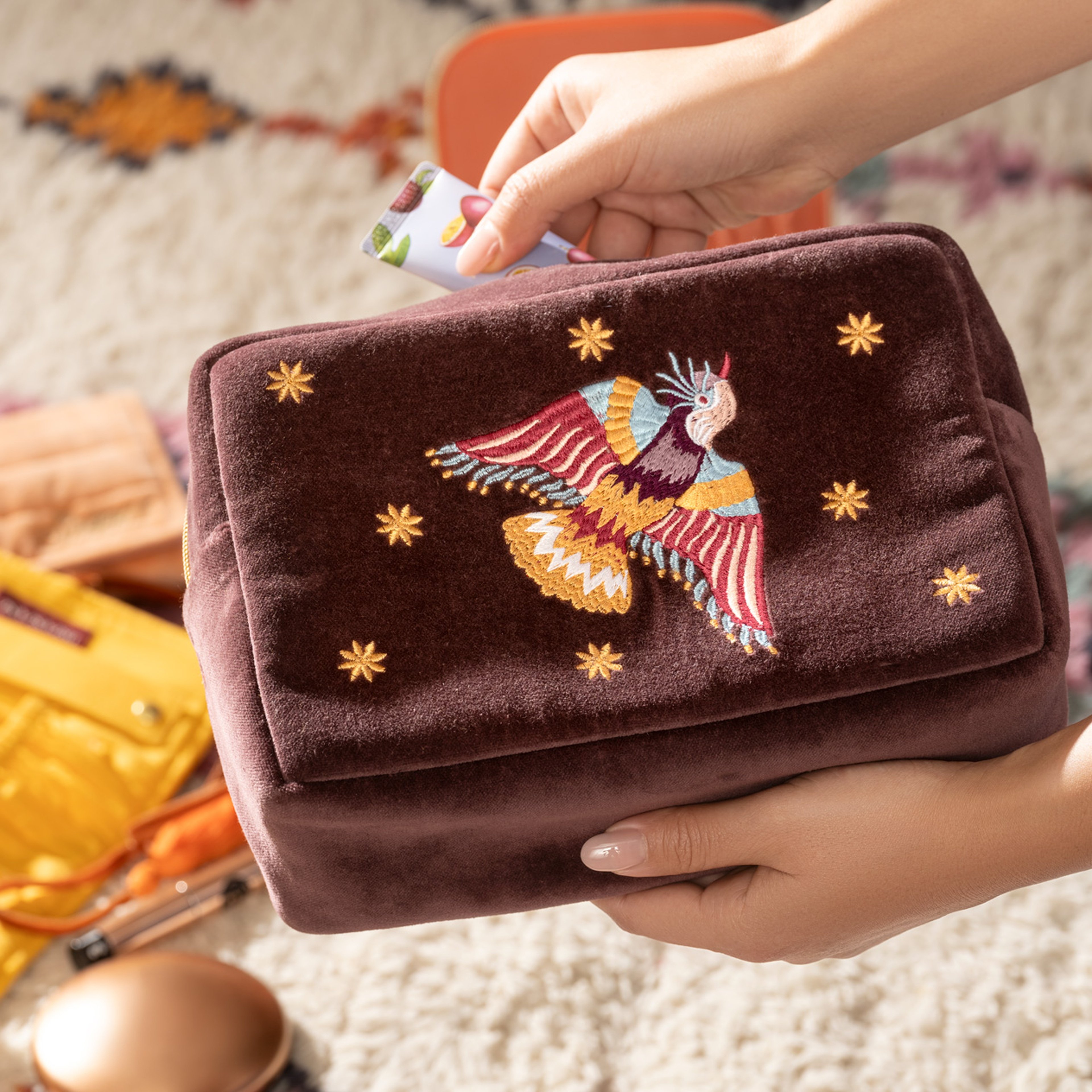 Delhı Nakışlı Büyük Boy Pamuk Pamuk Makyaj Çantası 23x15 Cm Bordo