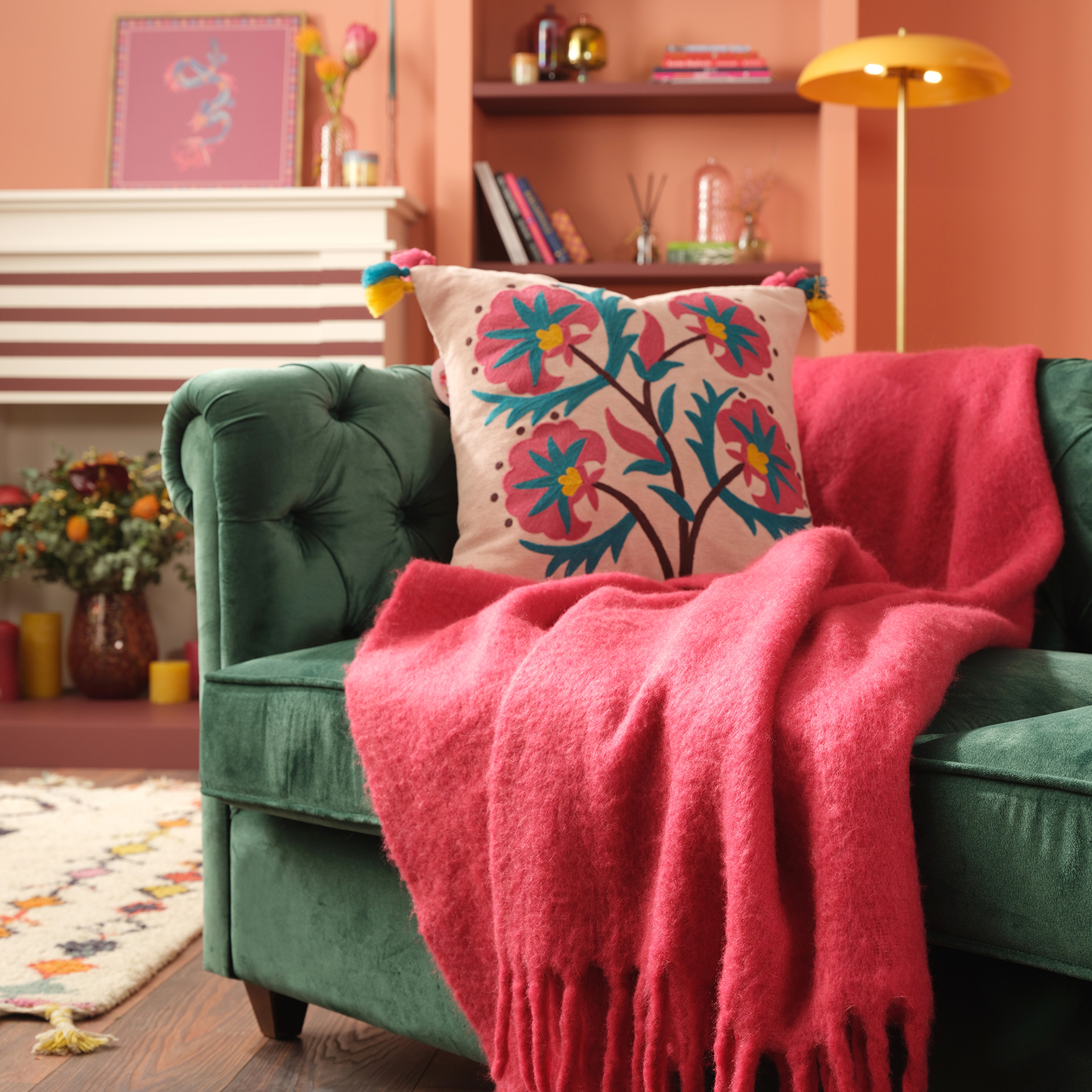 Ropar Saçaklı Akrilik Yün Akrilik Yün Koltuk Şalı 140x180 Cm Fuşya