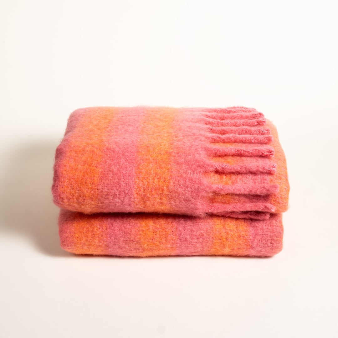 Ropar Saçaklı Çizgili Akrilik Yün Akrilik Yün Koltuk Şalı 140x180 Cm Turuncu - Pembe