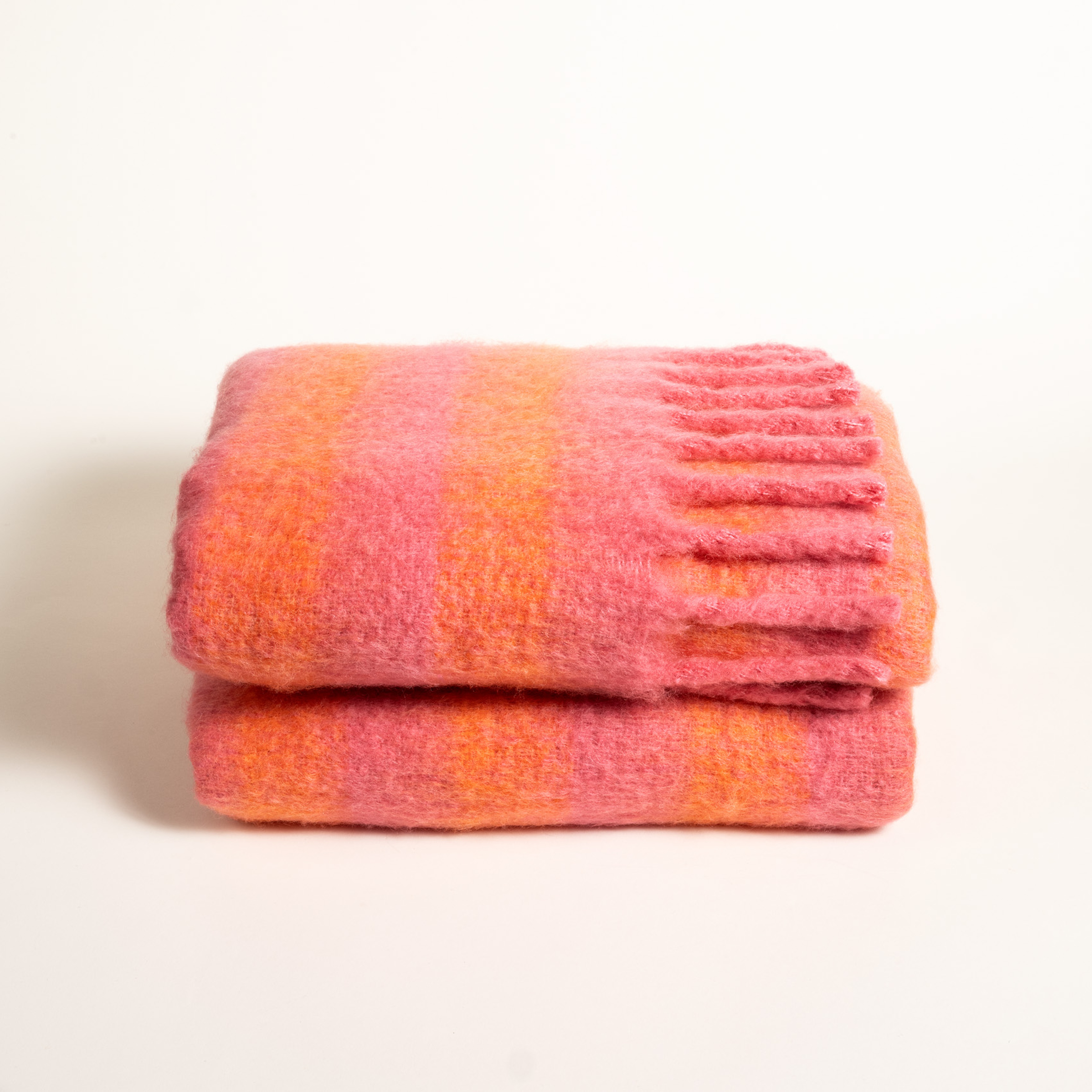 Ropar Saçaklı Çizgili Akrilik Yün Akrilik Yün Koltuk Şalı 140x180 Cm Turuncu - Pembe