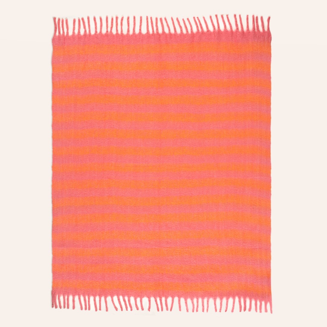 Ropar Saçaklı Çizgili Akrilik Yün Akrilik Yün Koltuk Şalı 140x180 Cm Turuncu - Pembe