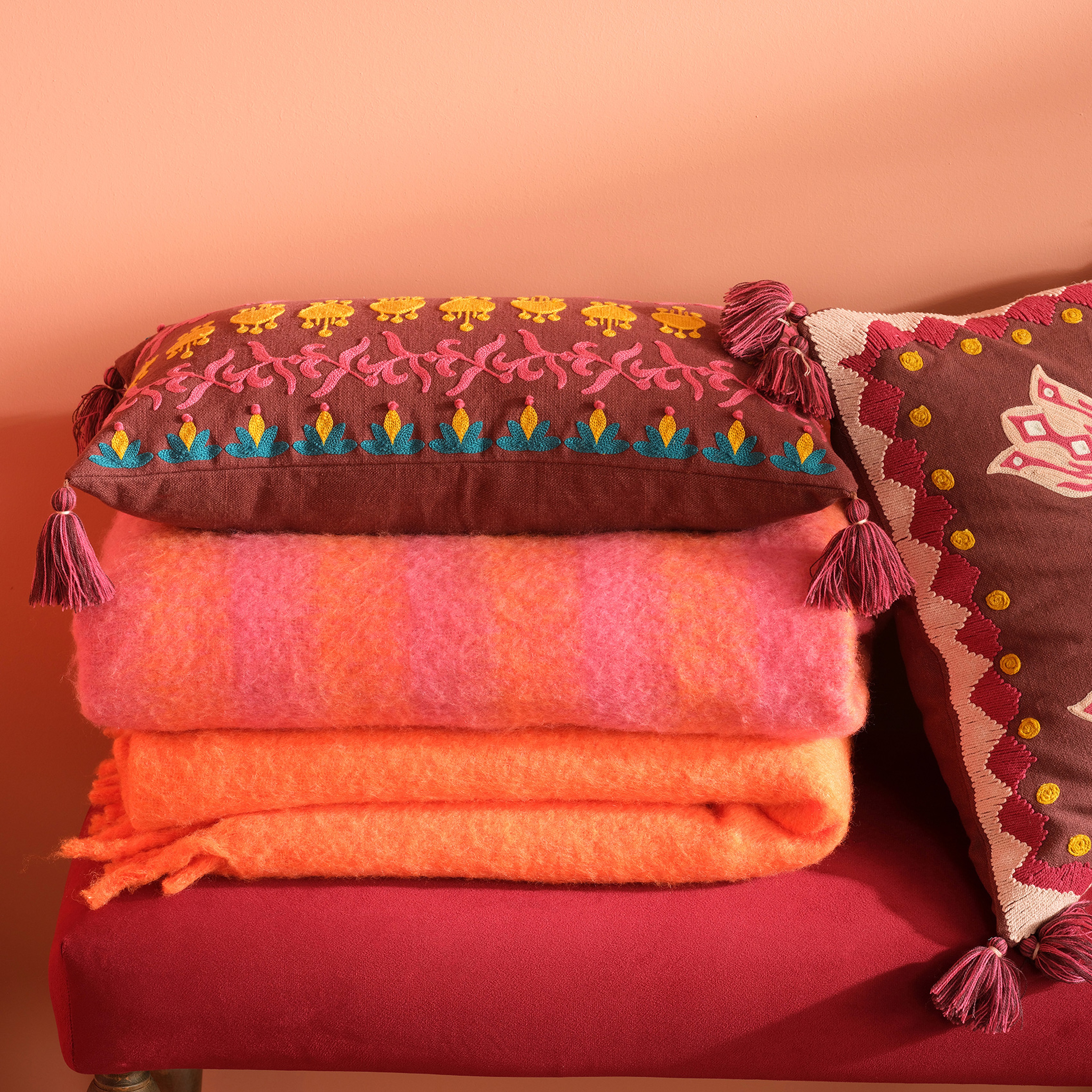 Ropar Saçaklı Çizgili Akrilik Yün Akrilik Yün Koltuk Şalı 140x180 Cm Turuncu - Pembe