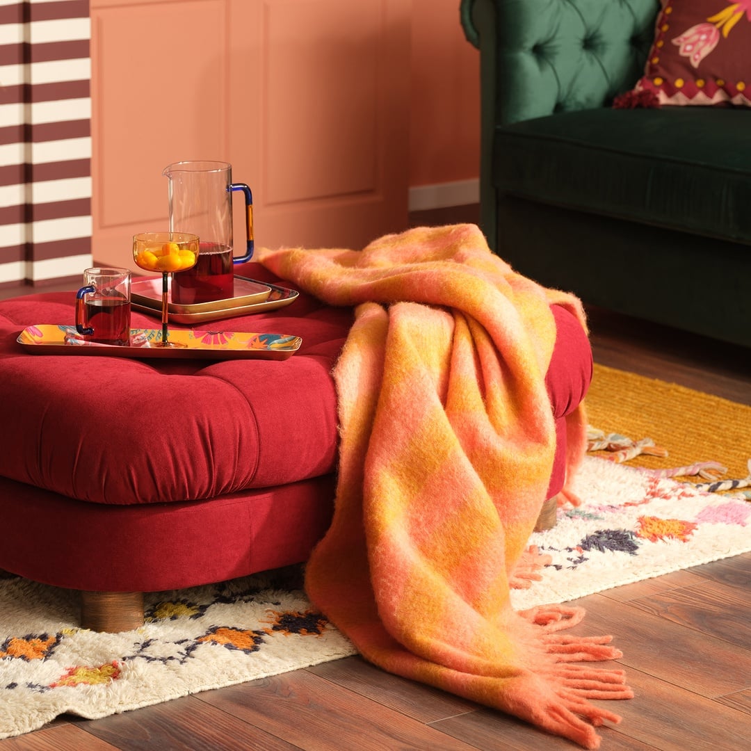 Ropar Saçaklı Çizgili Akrilik Yün Akrilik Yün Koltuk Şalı 140x180 Cm Mango - Pembe