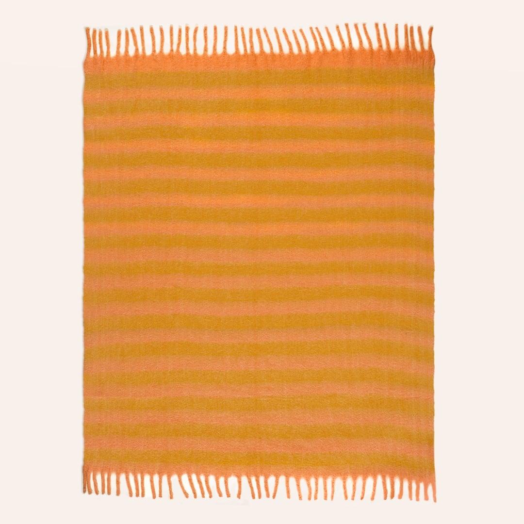 Ropar Saçaklı Çizgili Akrilik Yün Akrilik Yün Koltuk Şalı 140x180 Cm Mango - Pembe