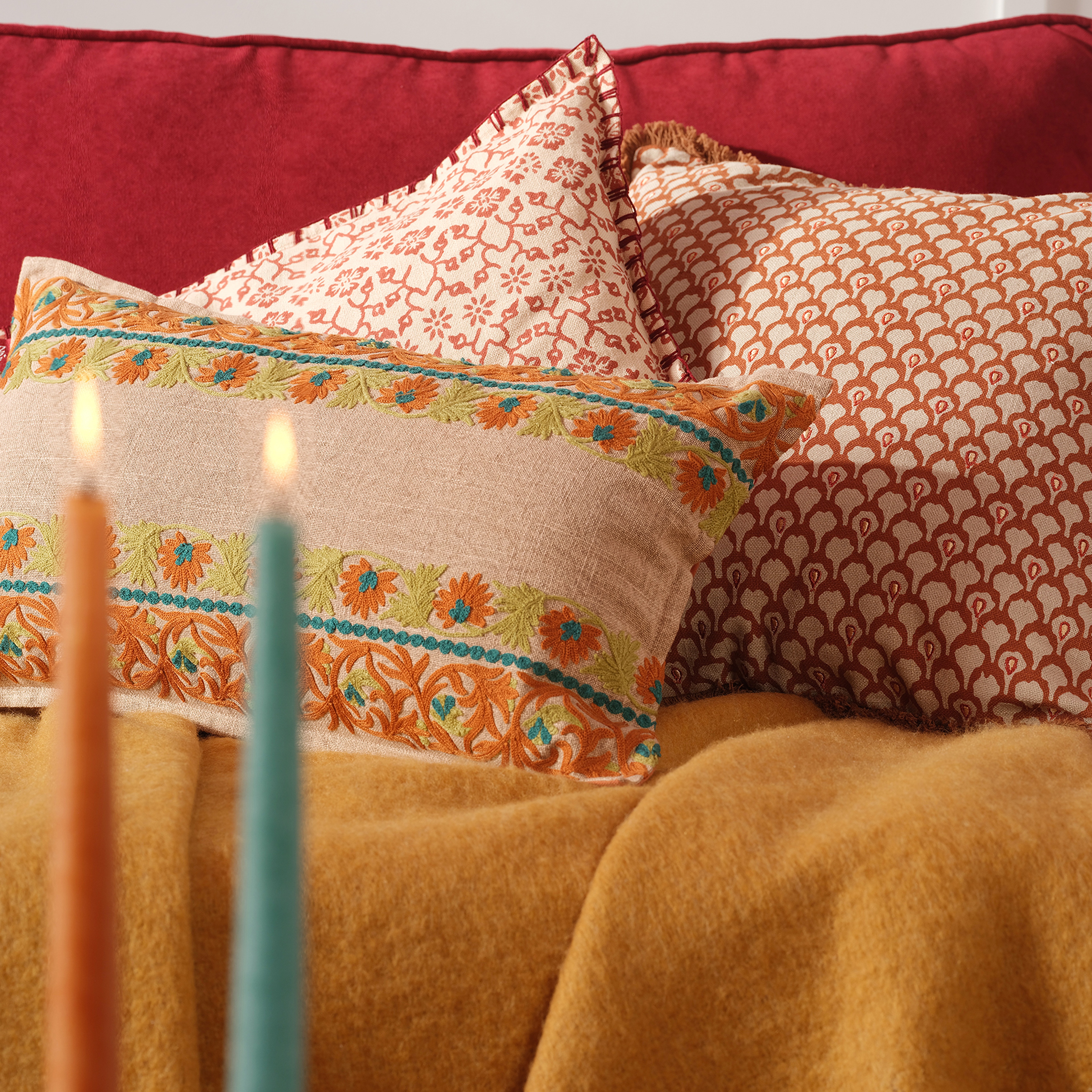 Bundı El Baskısı Pamuk Pamuk Dolgulu Kırlent 30x55 Cm Açık Pembe