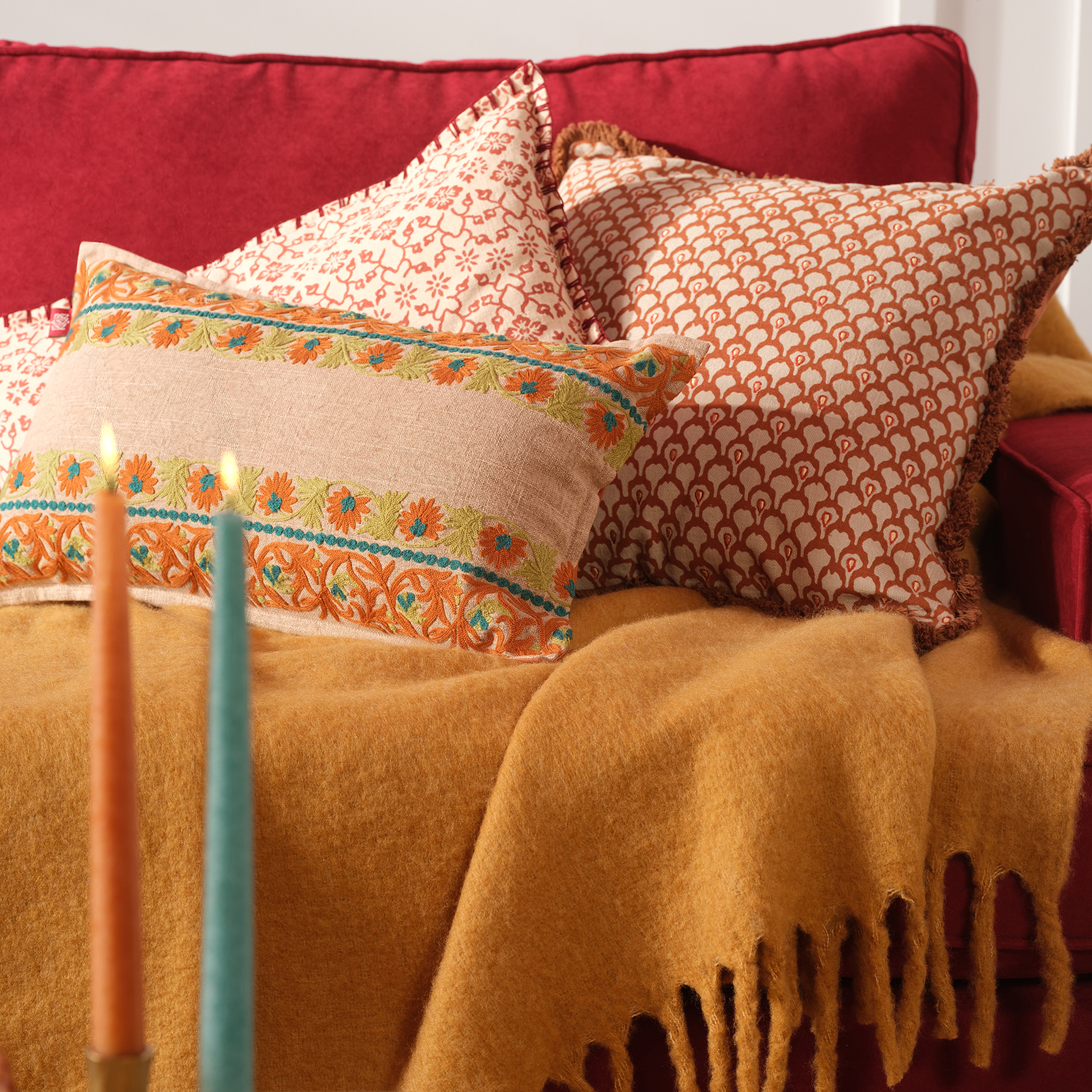 Bundı El Baskısı Pamuk Pamuk Dolgulu Kırlent 30x55 Cm Açık Pembe